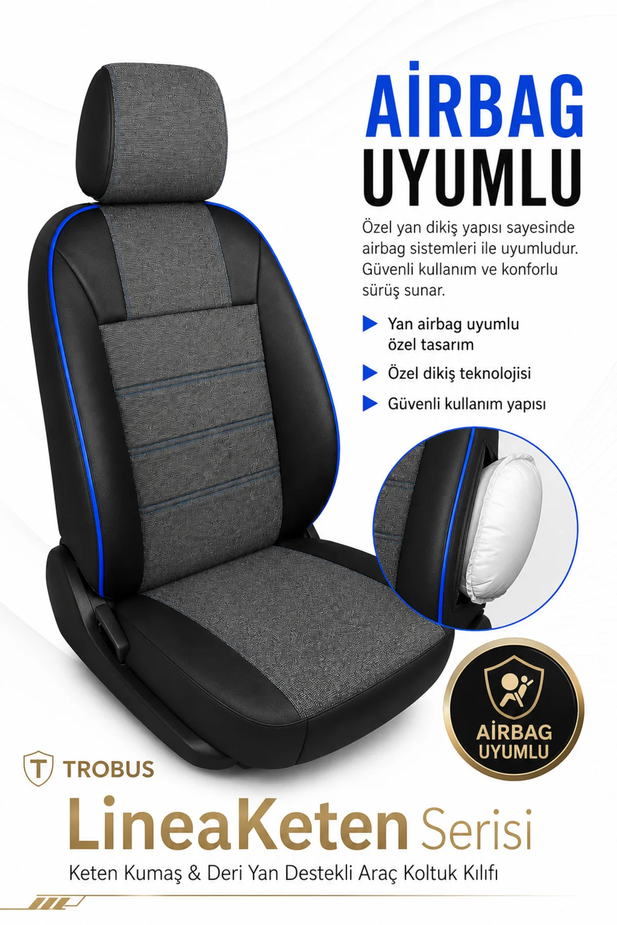 BMW İ Serisi F20 2011-2015 Uyumlu LineaKeten Serisi Ortopedik Füme Mavi Koltuk Kılıfı
