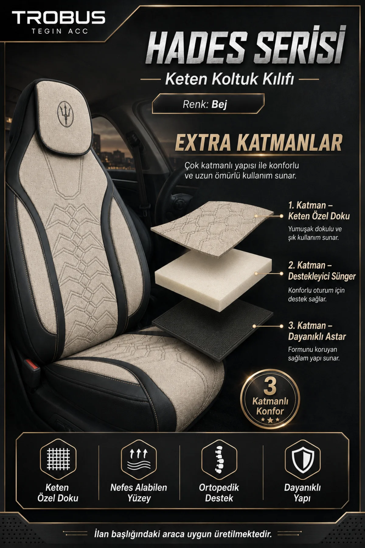 BMW X3 2010 ve Sonrası Uyumlu Hades Serisi Keten Koltuk Kılıfı Bej Siyah