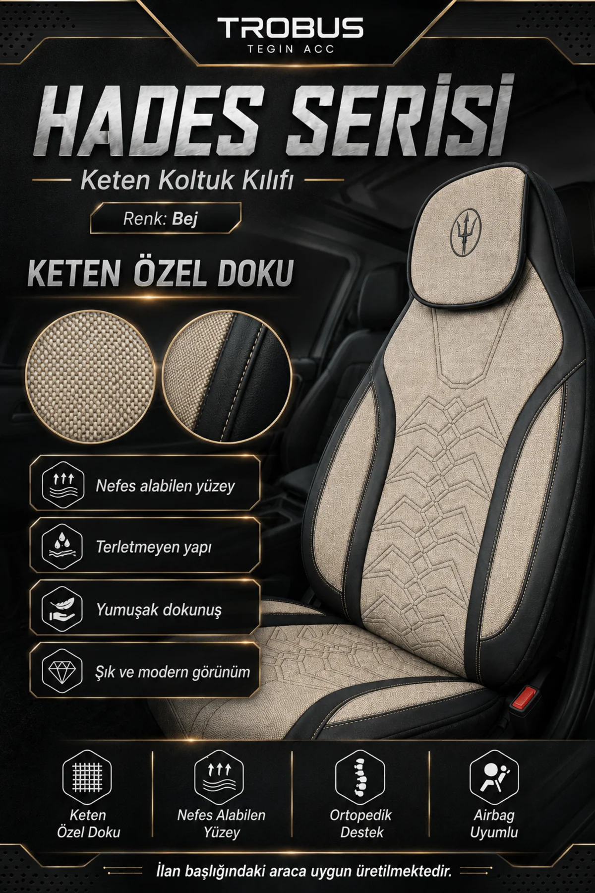 BMW X3 2010 ve Sonrası Uyumlu Hades Serisi Keten Koltuk Kılıfı Bej Siyah