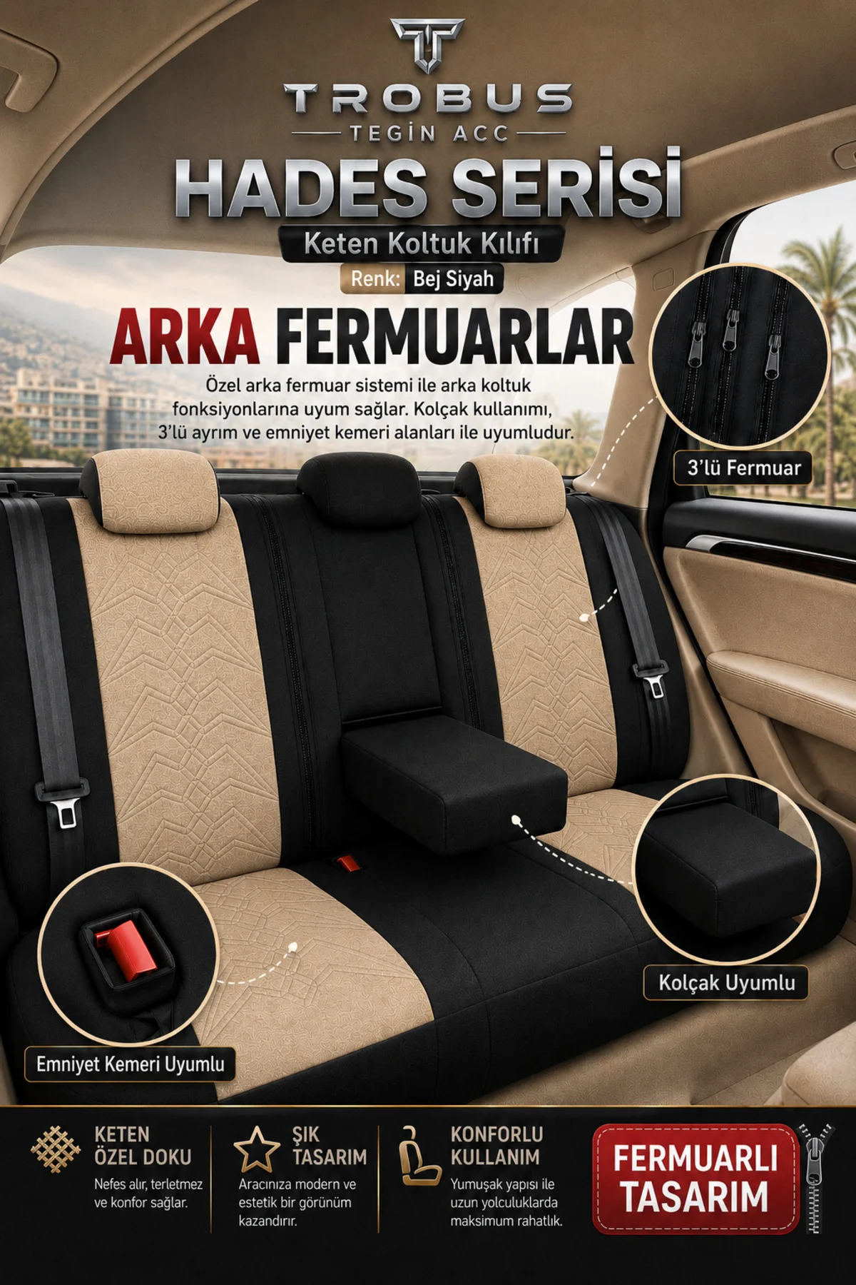 BMW X3 2010 ve Sonrası Uyumlu Hades Serisi Keten Koltuk Kılıfı Bej Siyah