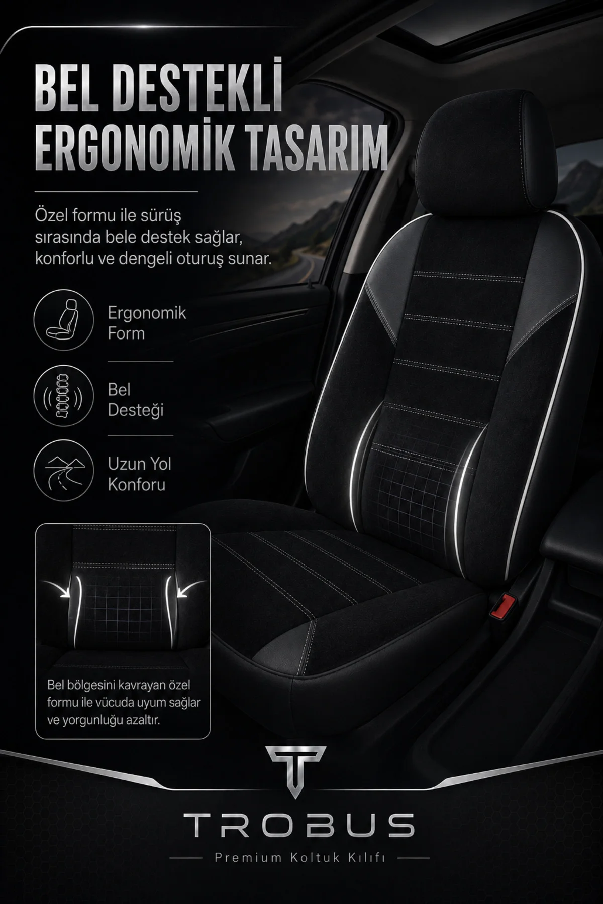 BMW X5 2015-2019 Uyumlu Nova Serisi Tay Tüyü Bel Destekli Siyah Beyaz Premium Koltuk Kılıfı