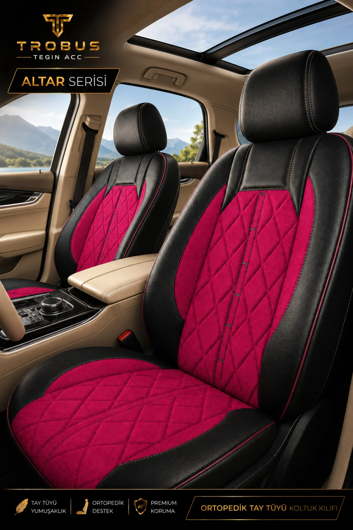 BMW X5 2015-2019 Uyumlu Altar Serisi Tay Tüyü Bordo Siyah Premium Koltuk Kılıfı