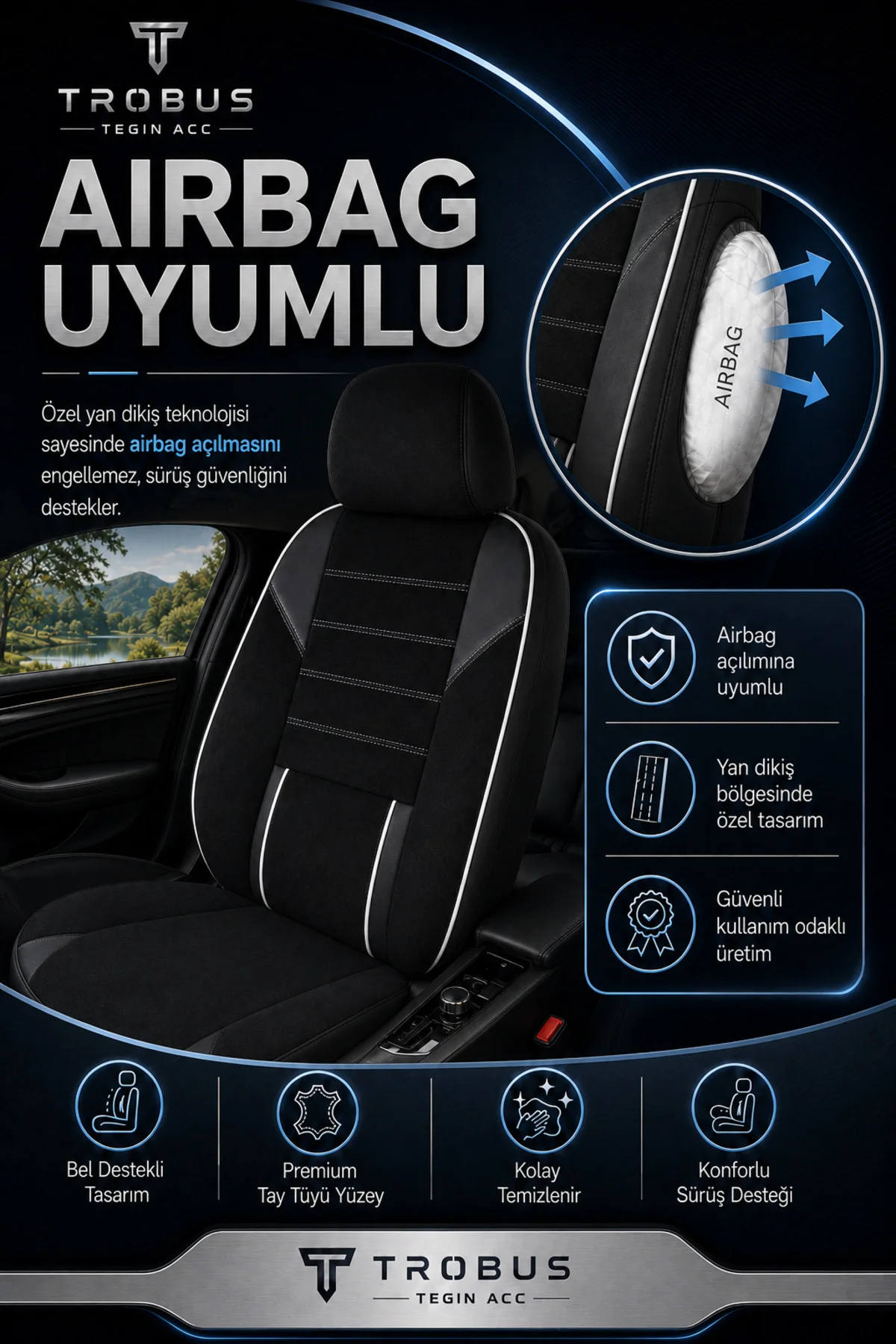 BMW X5 2015-2019 Uyumlu Nova Serisi Tay Tüyü Bel Destekli Siyah Beyaz Premium Koltuk Kılıfı