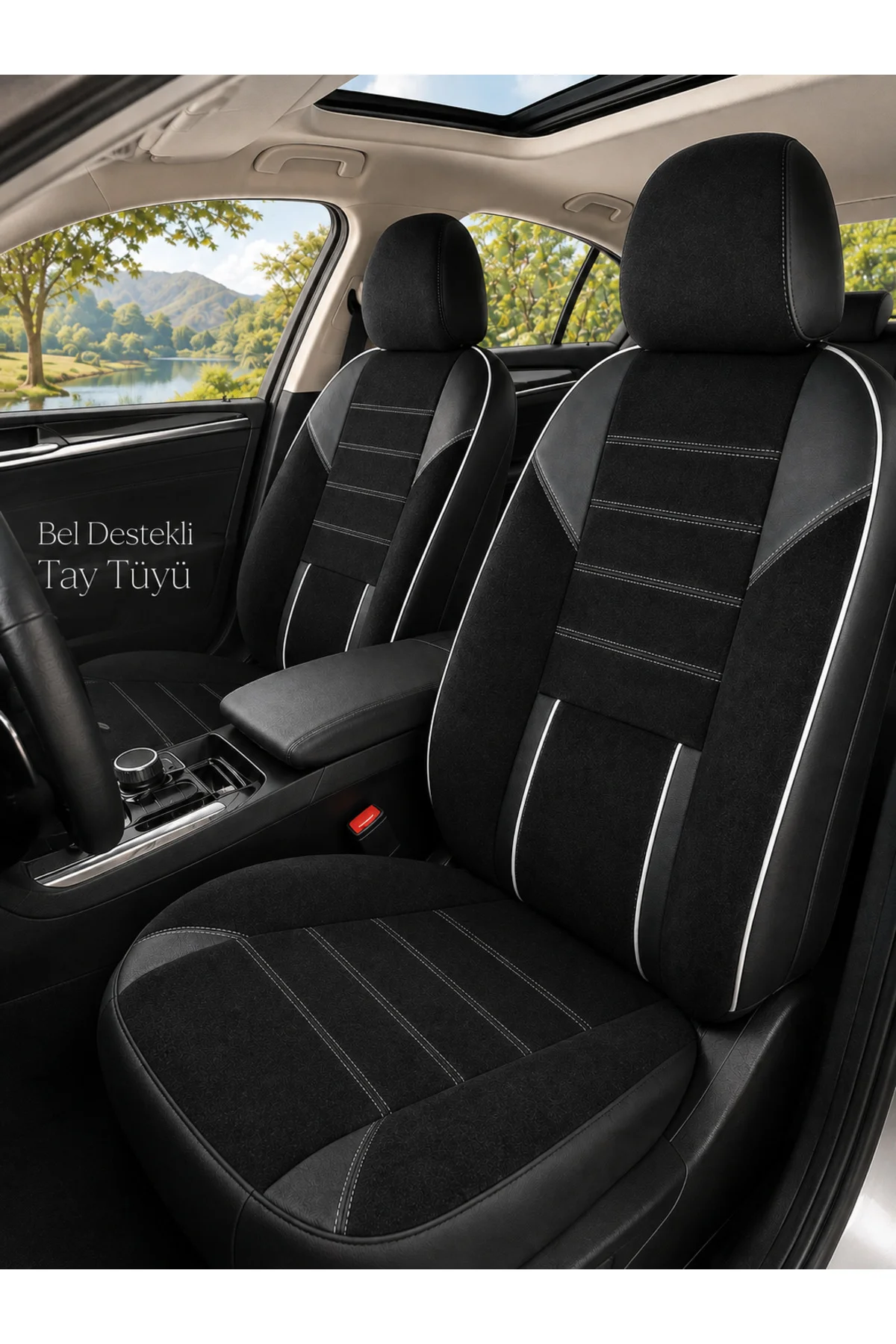 BMW X5 2015-2019 Uyumlu Nova Serisi Tay Tüyü Bel Destekli Siyah Beyaz Premium Koltuk Kılıfı