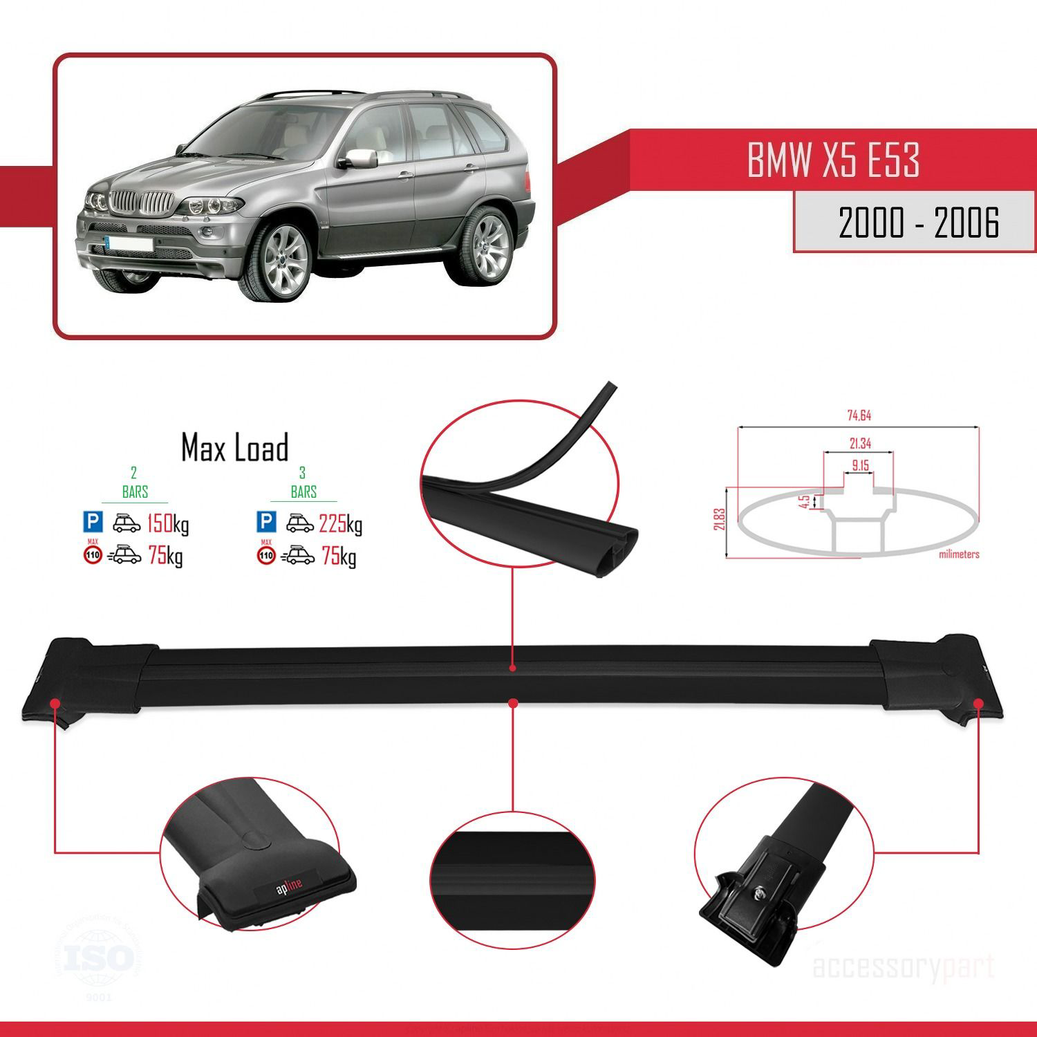 BMW X5 (E53) 2000-2006 Arası ile uyumlu FLY Model Ara Atkı Tavan 
