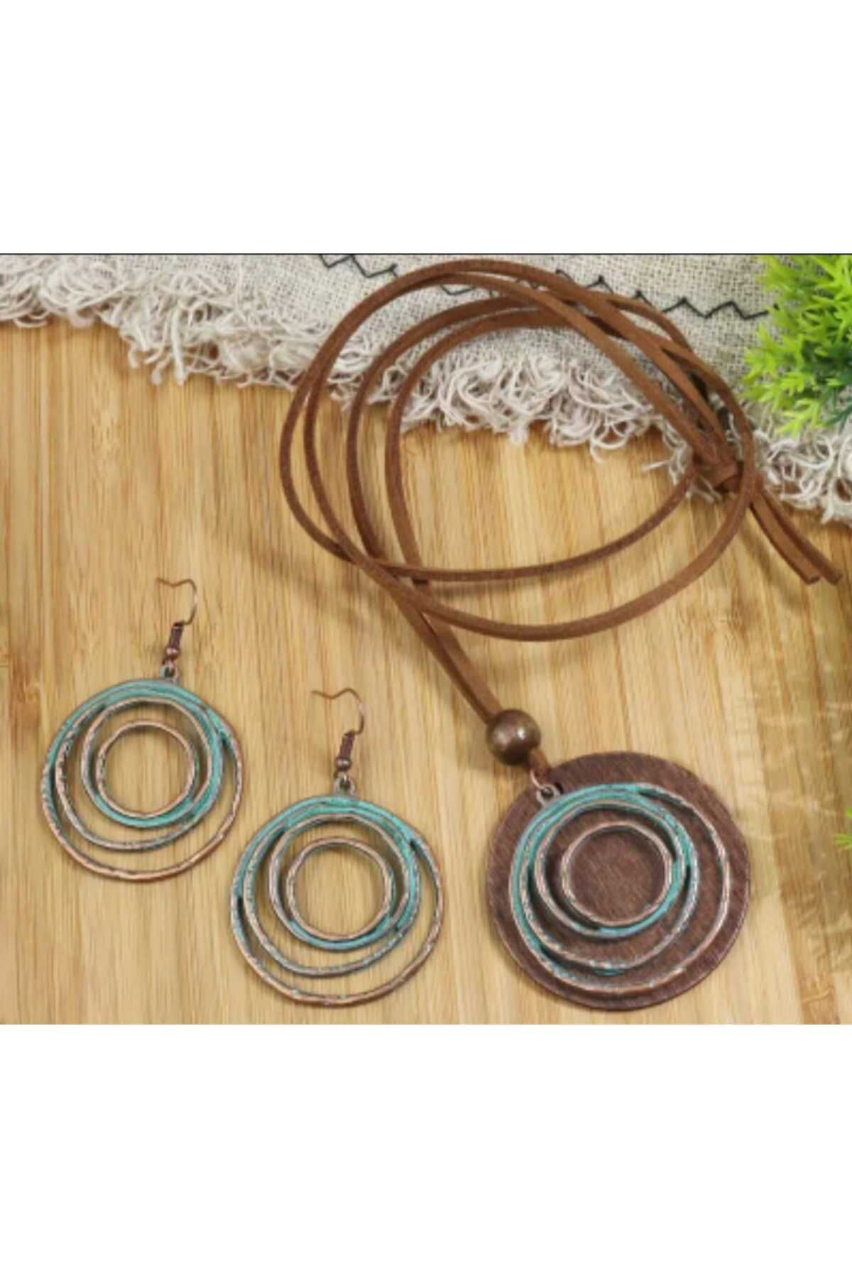 Dodemert Home Bohem Ahşapli Spiral Küpe & Kolye Takim Set