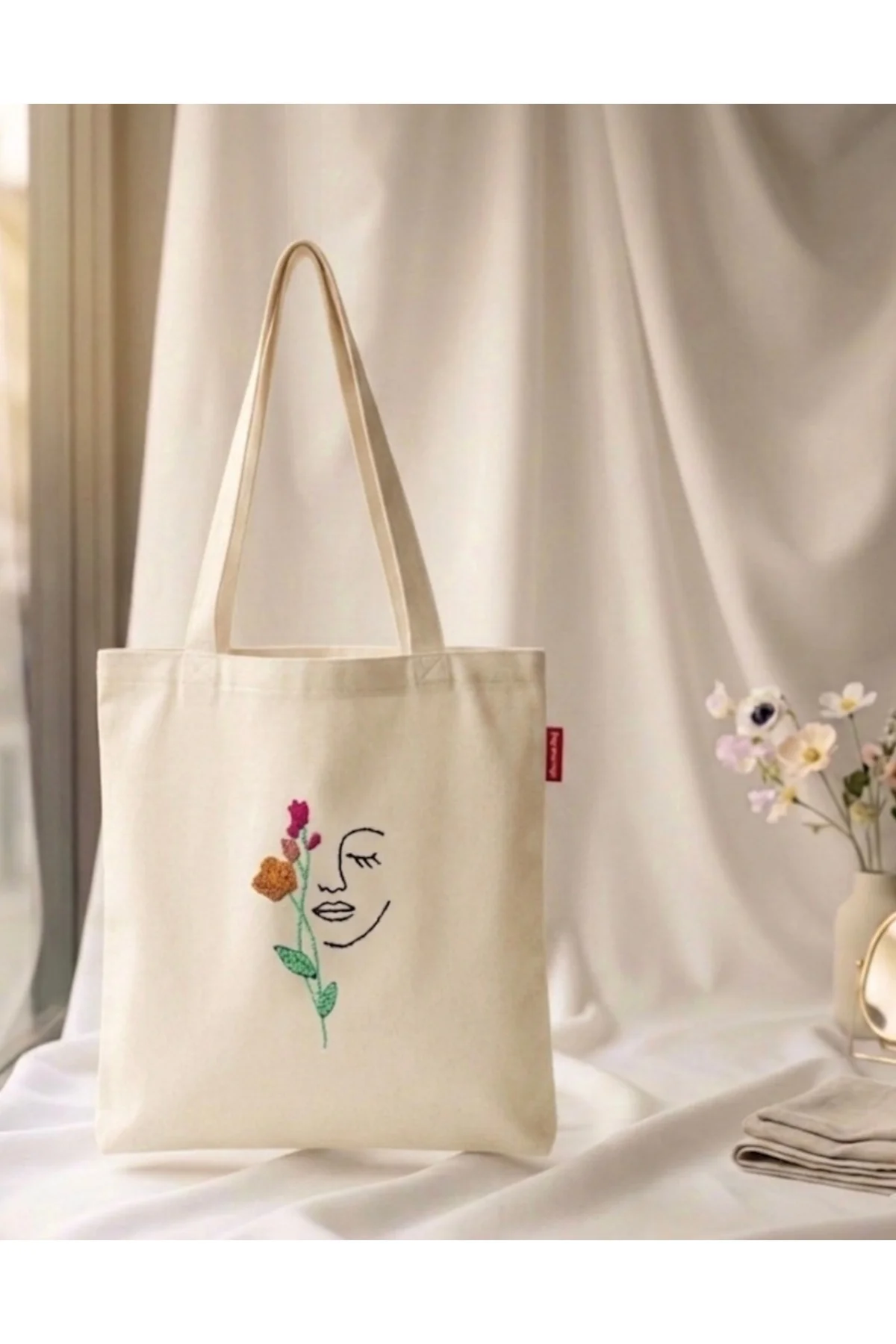 Bohem Çizgi Sanatlı Çiçekli Kanvas Tote Bag