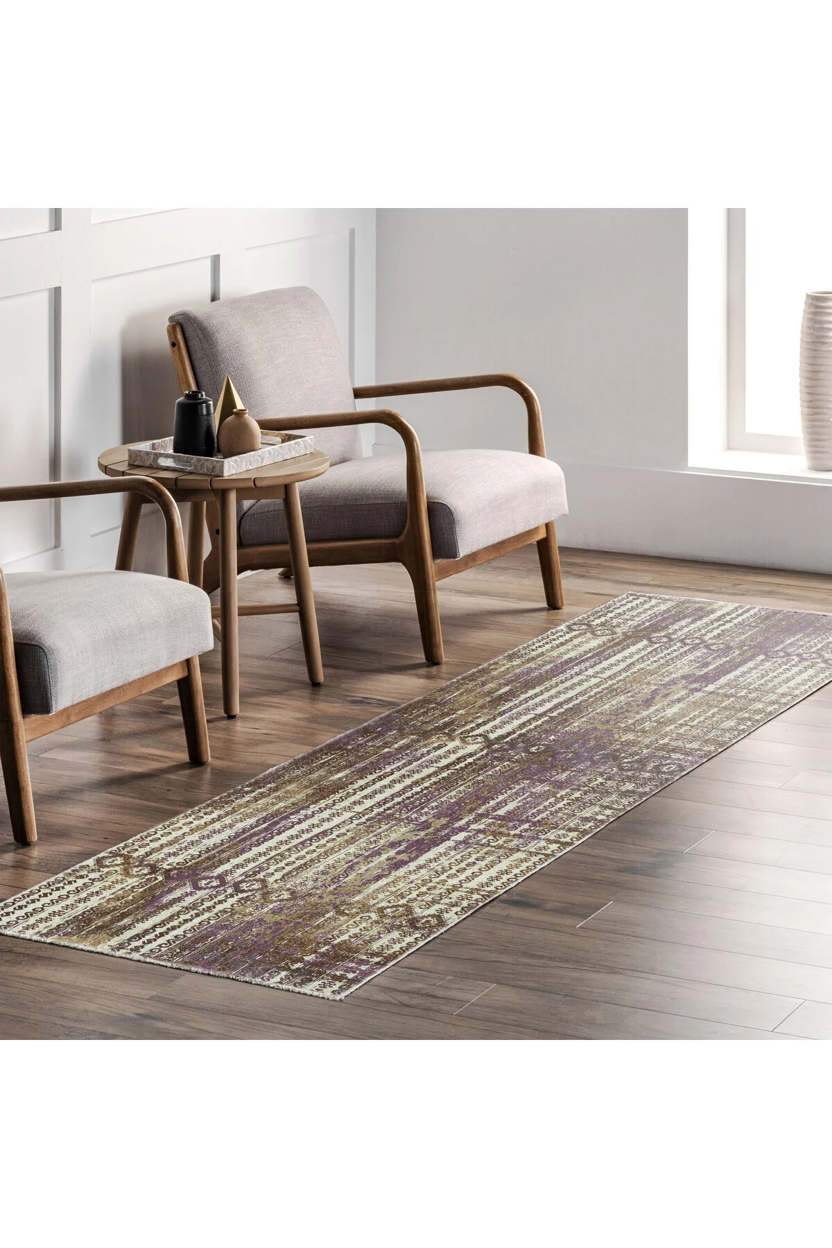 Bohem Etnik Desenli Mor Kahve Şönil Halı Kilim Yolluk Kaymaz Yıka