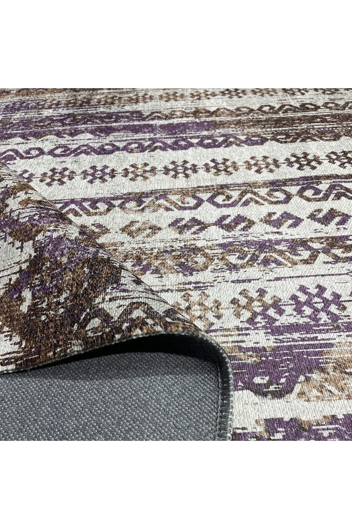 Bohem Etnik Desenli Mor Kahve Şönil Halı Kilim Yolluk Kaymaz Yıka