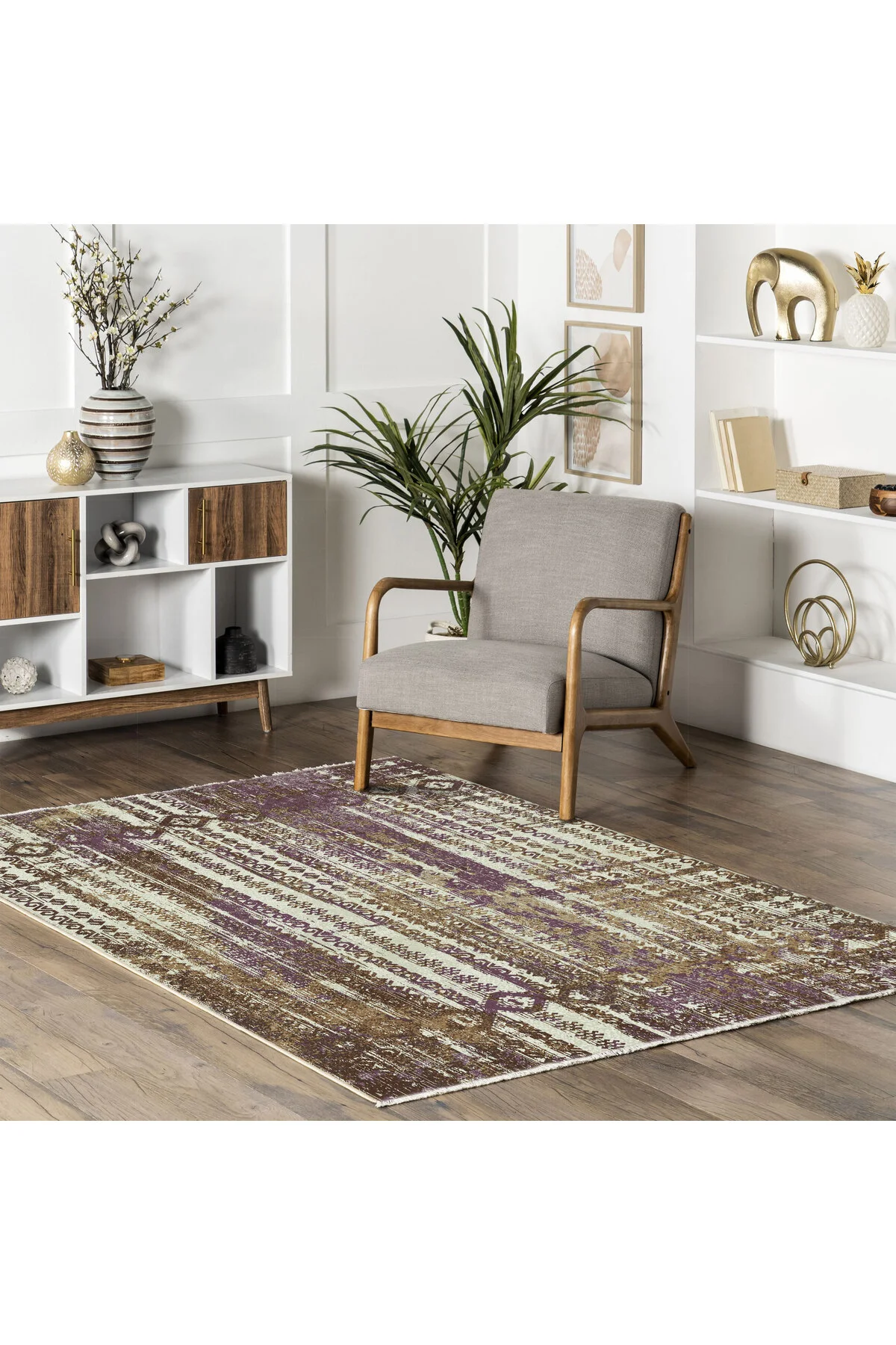 Bohem Etnik Desenli Mor Kahve Şönil Halı Kilim Yolluk Kaymaz Yıka