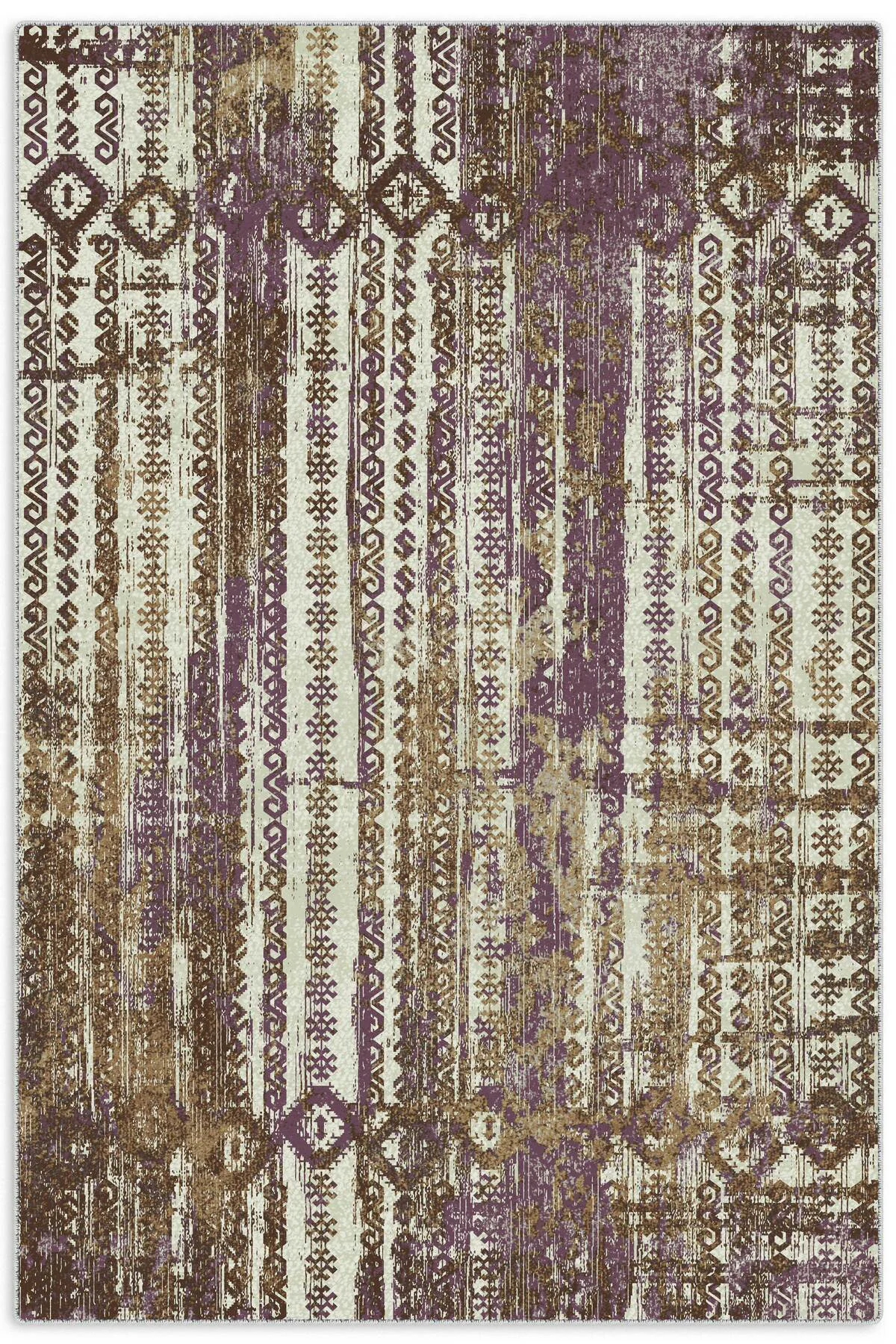Bohem Etnik Desenli Mor Kahve Şönil Halı Kilim Yolluk Kaymaz Yıka