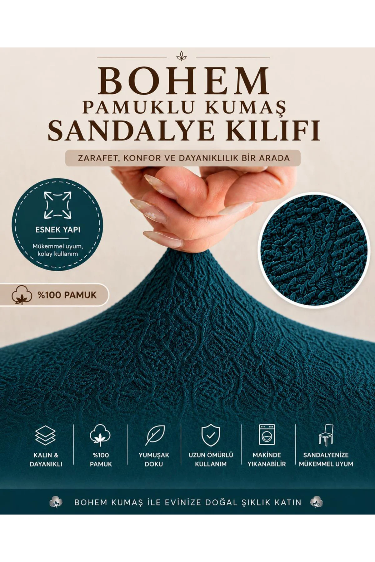 Bohem Pamuklu Esnek Standart Sandalye Kılıfı, Yıkanabilir, Dokulu ve Kalın