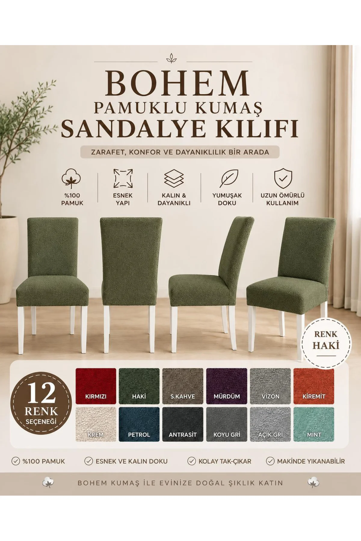 Bohem Pamuklu Esnek Standart Sandalye Kılıfı, Yıkanabilir, Dokulu
