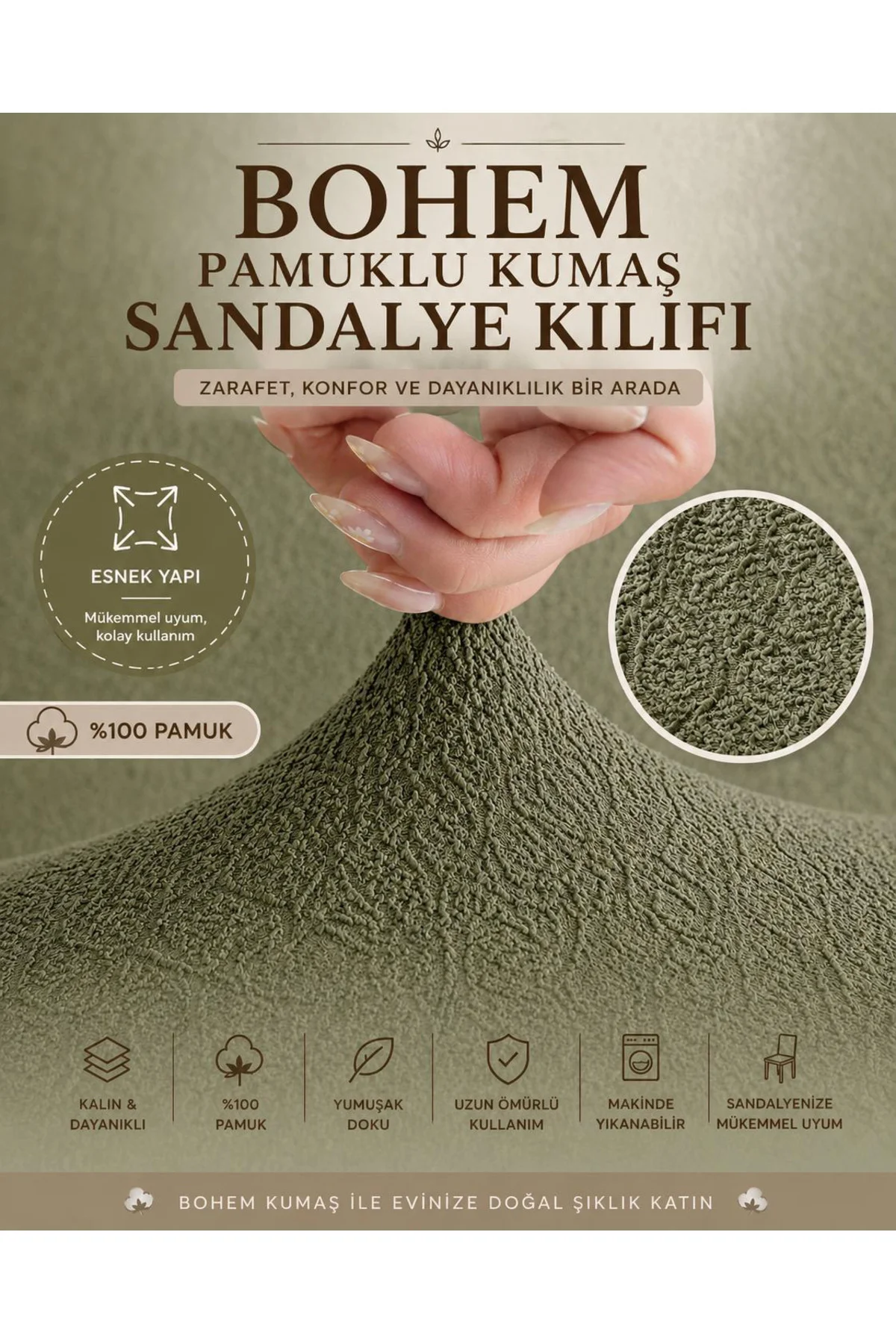 Bohem Pamuklu Esnek Standart Sandalye Kılıfı, Yıkanabilir, Dokulu
