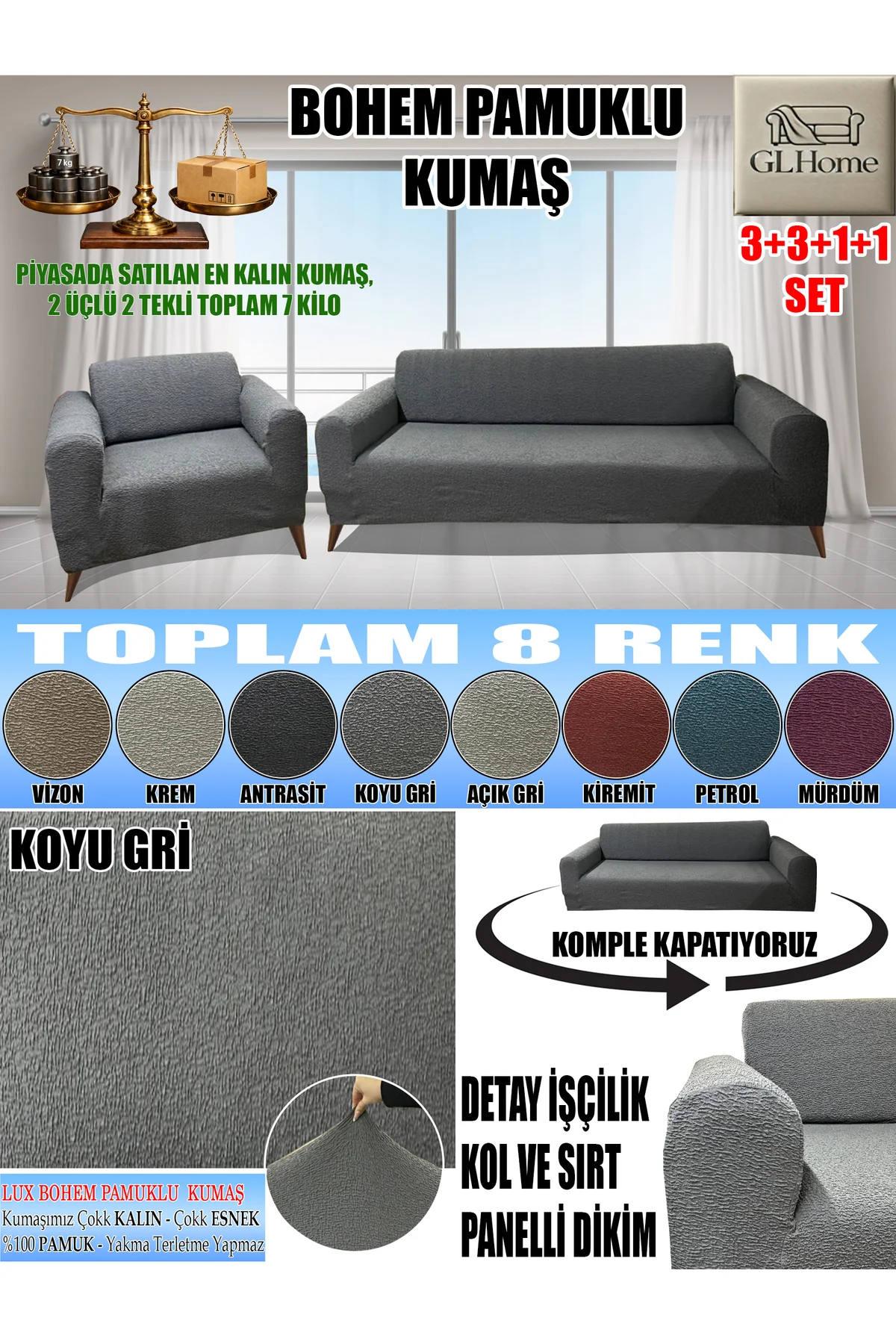 BOHEM PAMUKLU KUMAŞ KOLTUK KILIFI SETİ - 3+3+1+1 SET 7 KG GELMEKT