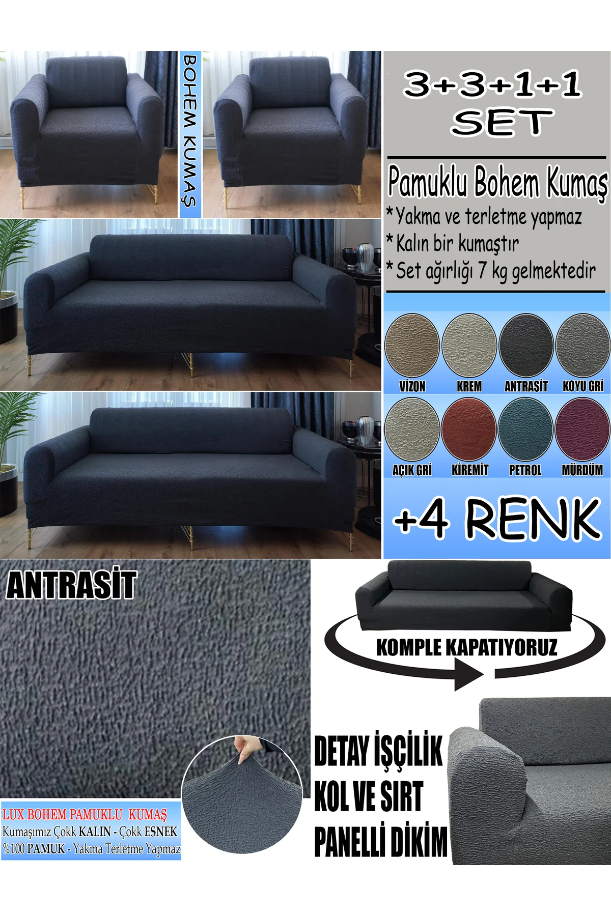BOHEM PAMUKLU KUMAŞ KOLTUK KILIFI SETİ - 3+3+1+1 SET 7 KG GELMEKTEDİR. KALIN VE DAYANIKLIDIR.