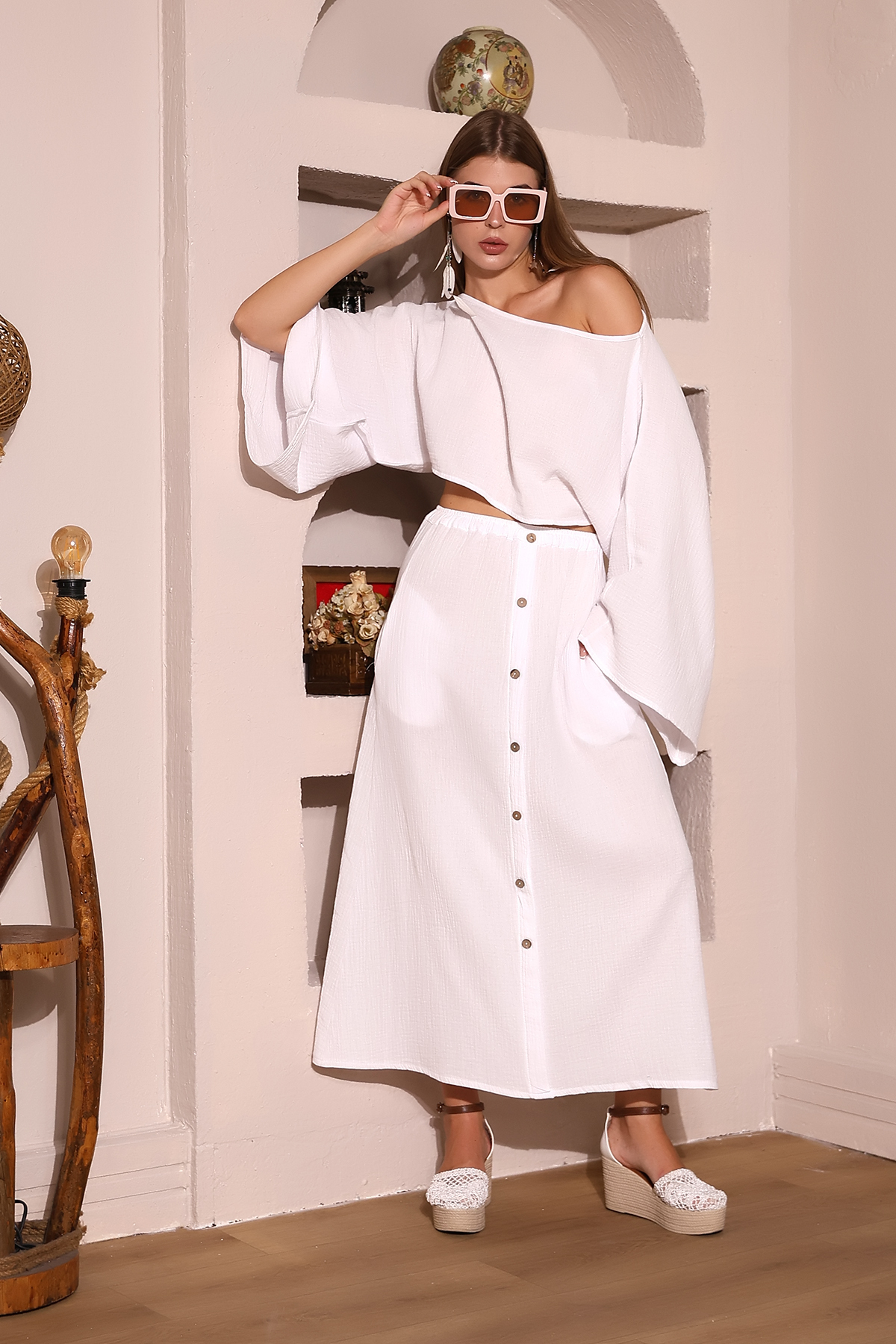 Dreamlike Bohem Tarz A Form Müslin Etek – %100 Pamuk, Düğme Detaylı, Cepli