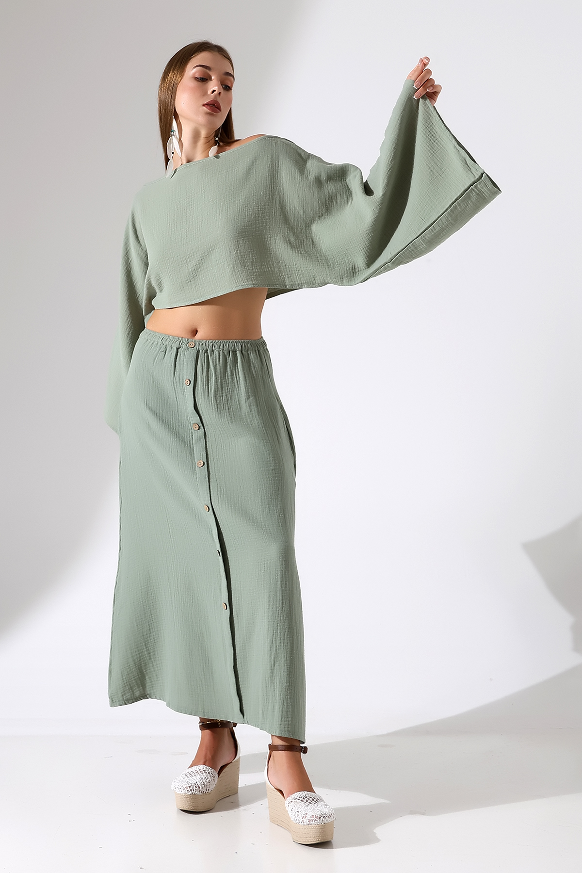 Bohem Tarz Kokonat Düğmeli A Form Müslin Etek - %100 Pamuk