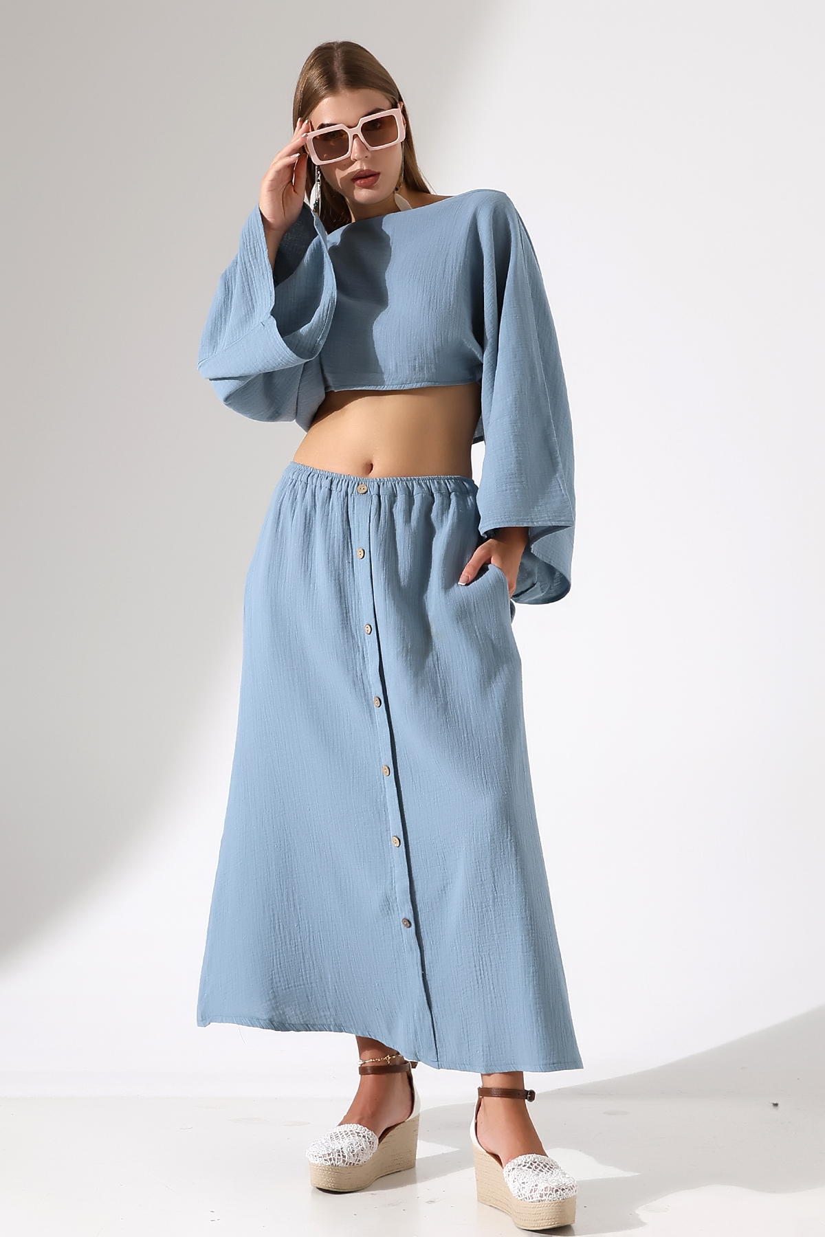 Bohem Tarz Kokonat Düğmeli A Form Müslin Etek - %100 Pamuk