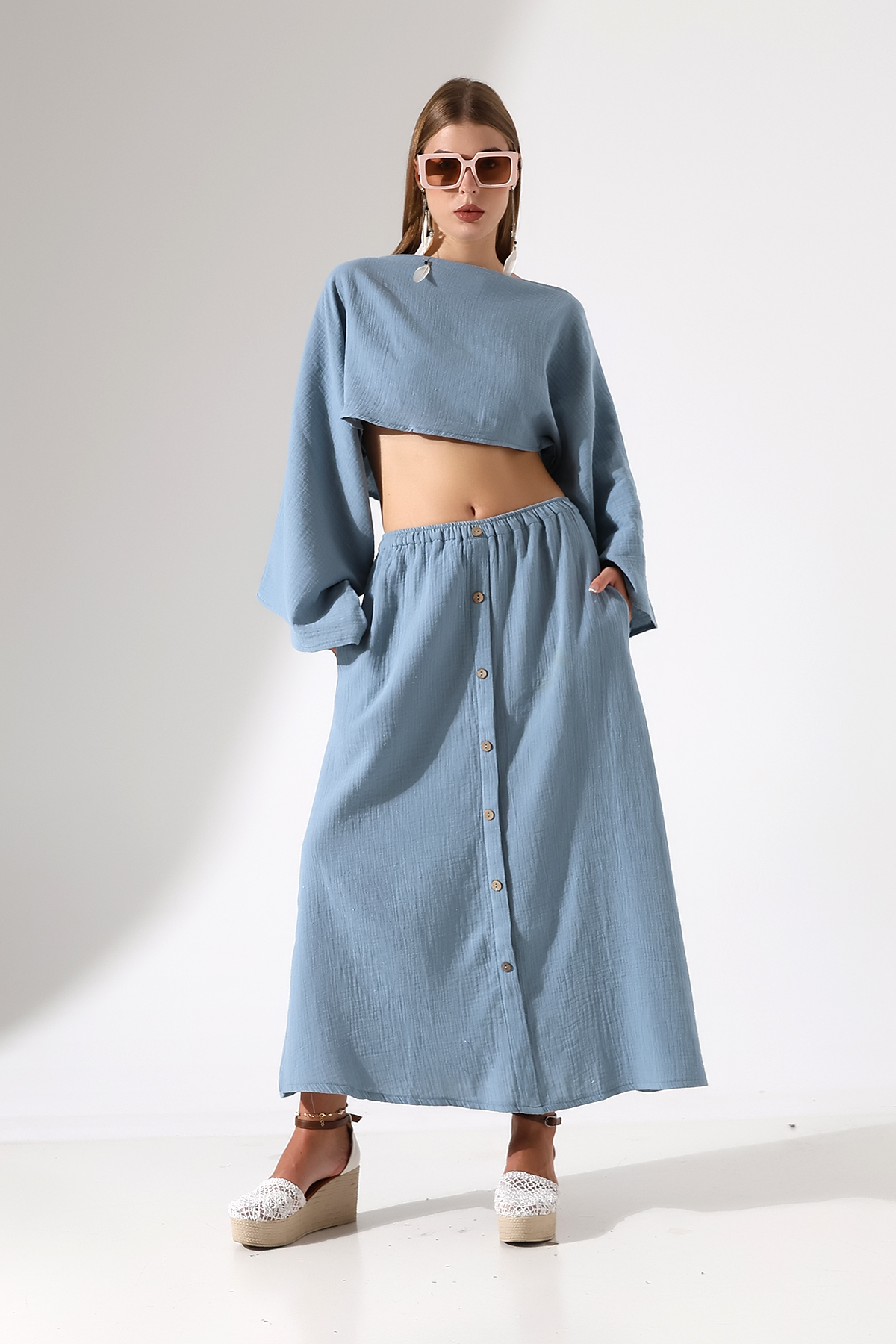Bohem Tarz Kokonat Düğmeli A Form Müslin Etek - %100 Pamuk