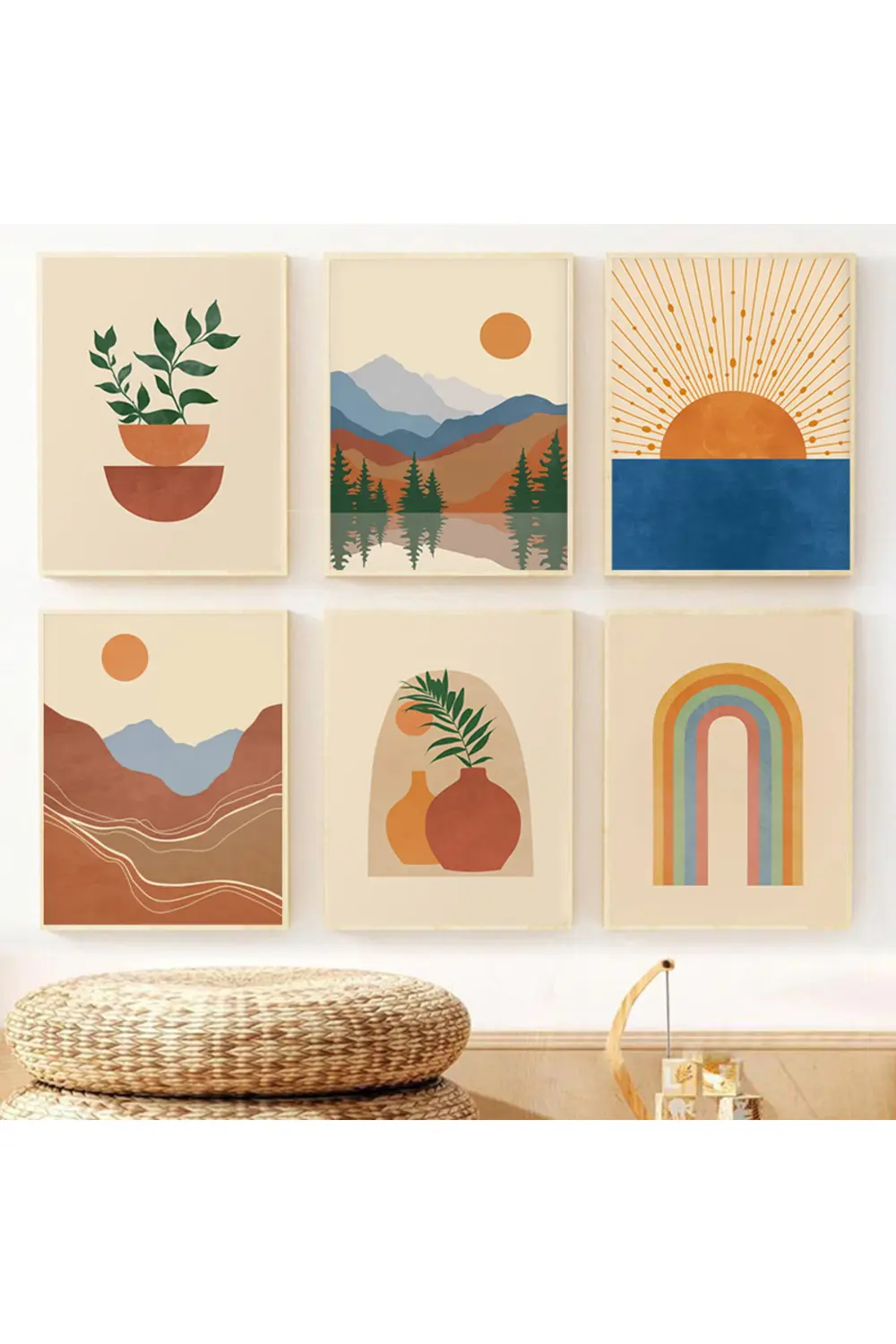 "Boho Dekoratif" 6’lı Çerçeve Görünümlü Modern MDF Tablo Seti- Ev