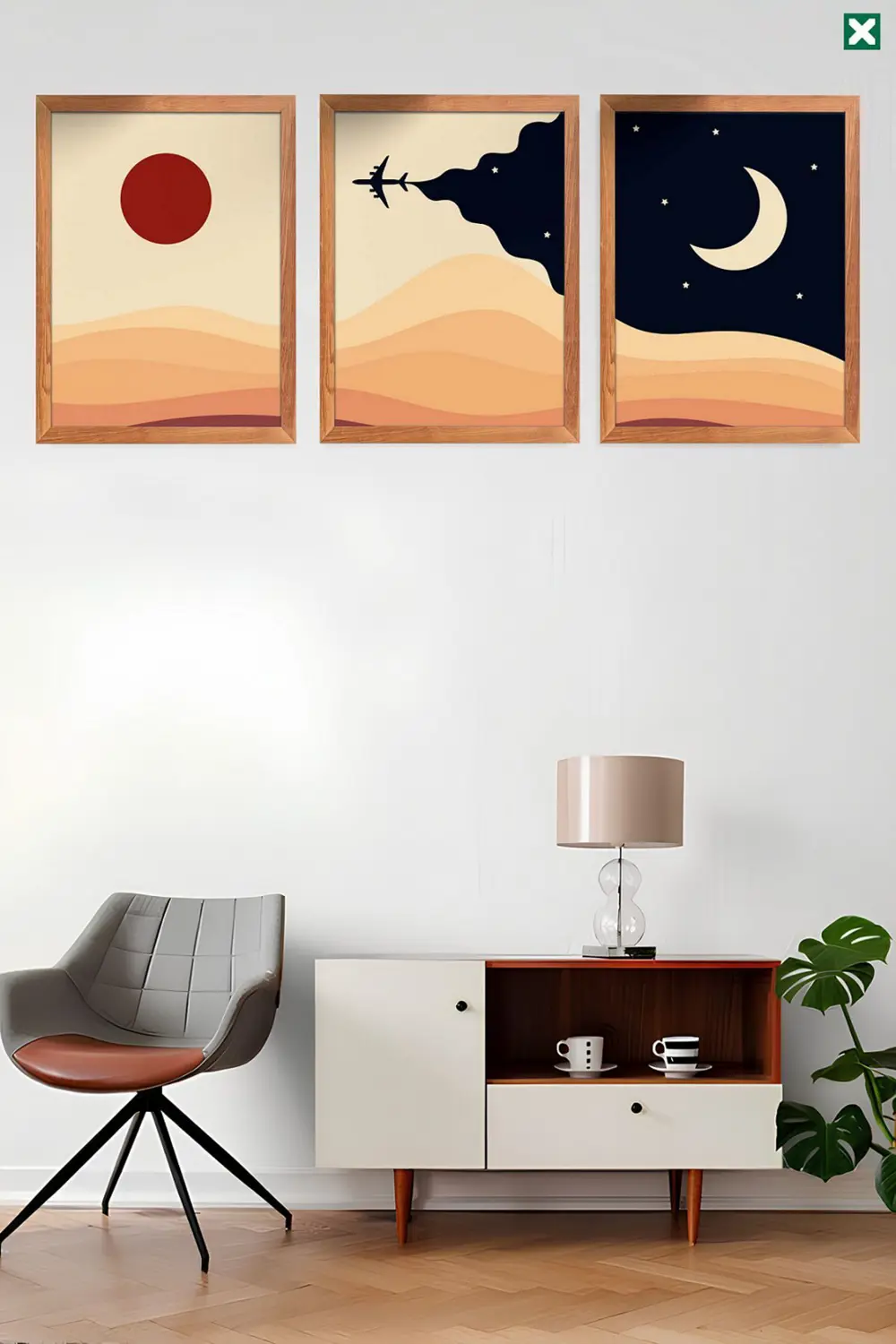 Boho Duvar Sanatı 3'lü Set, Çerçeve Görünümlü Modern Mdf Tablo