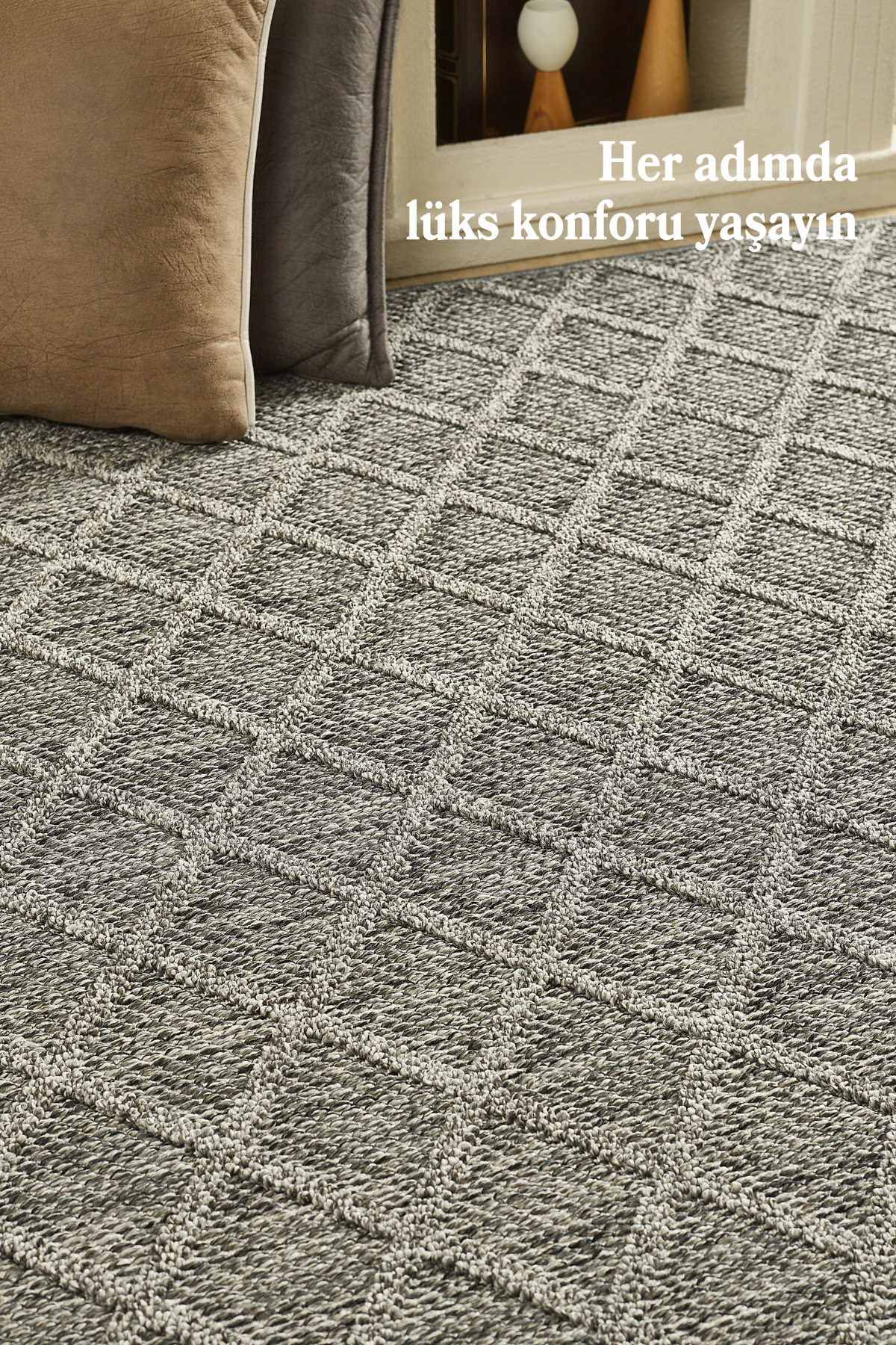 Boho Karo Desen Gri Elit Bukleli Sisal Halı Salon Oturma Odası Dı
