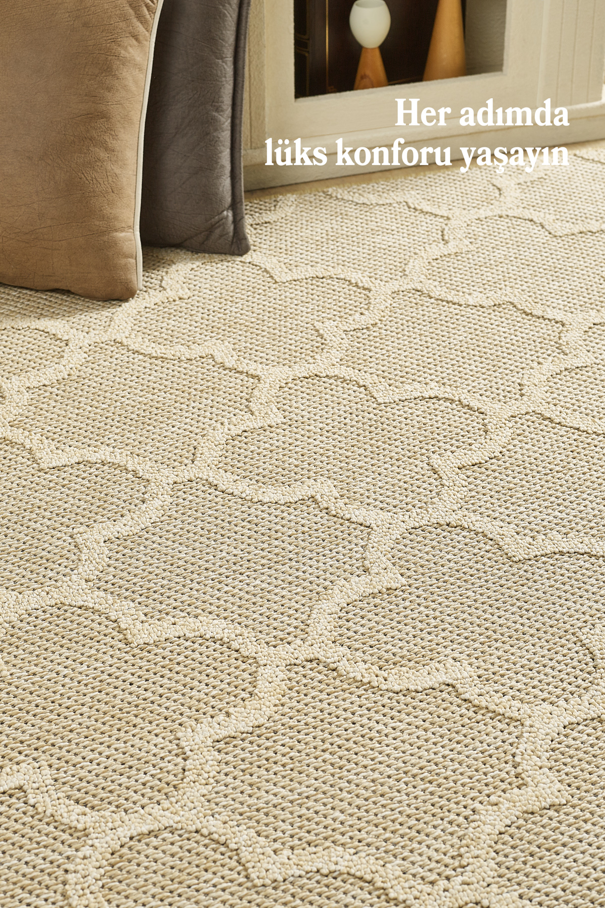 Boho Motifli Bej Elit Bukleli Sisal Halı Salon Oturma Odası Dış M