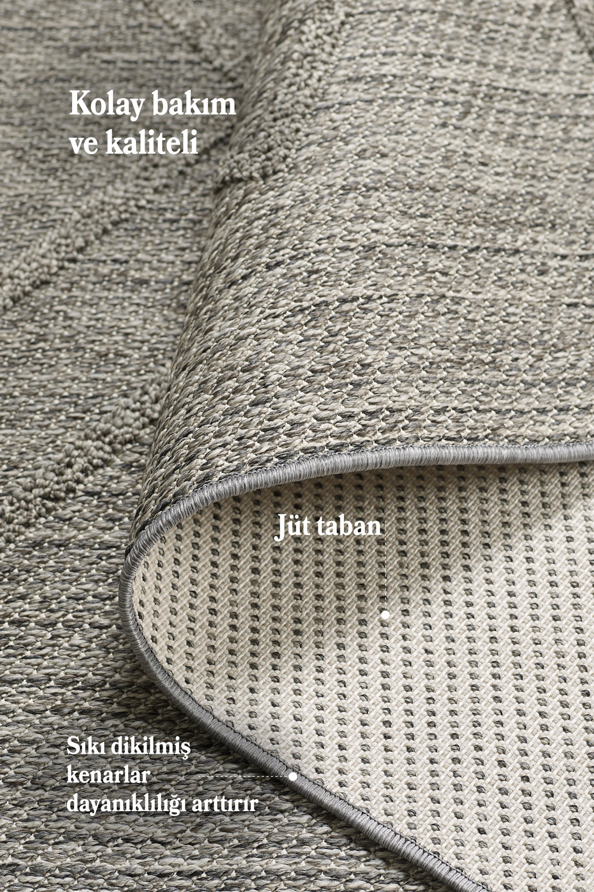 Anaska Home Boho Zigzag Desen Gri Elit Bukleli Sisal Halı Salon Oturma Odası 