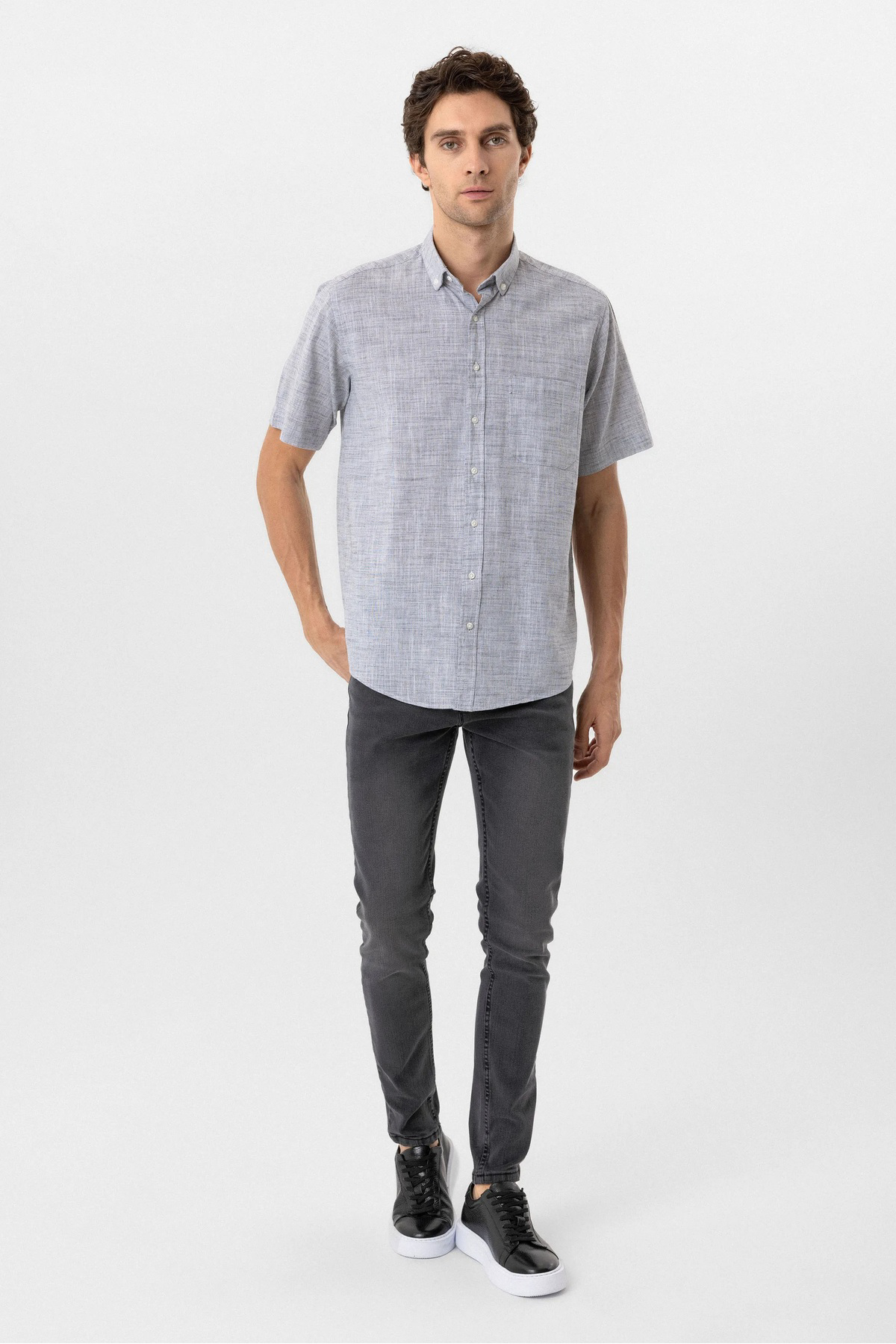 Süvari Bol Kesim Kısa Kollu Gri Erkek Gömlek