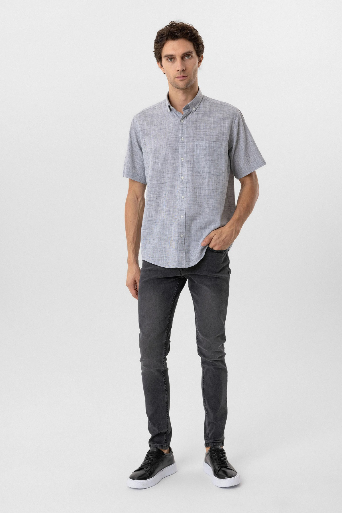 Süvari Bol Kesim Kısa Kollu Gri Erkek Gömlek