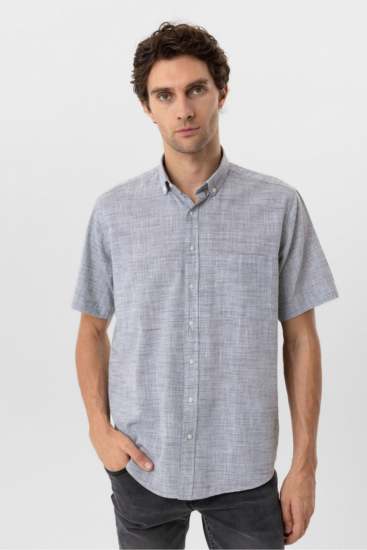 Süvari Bol Kesim Kısa Kollu Gri Erkek Gömlek