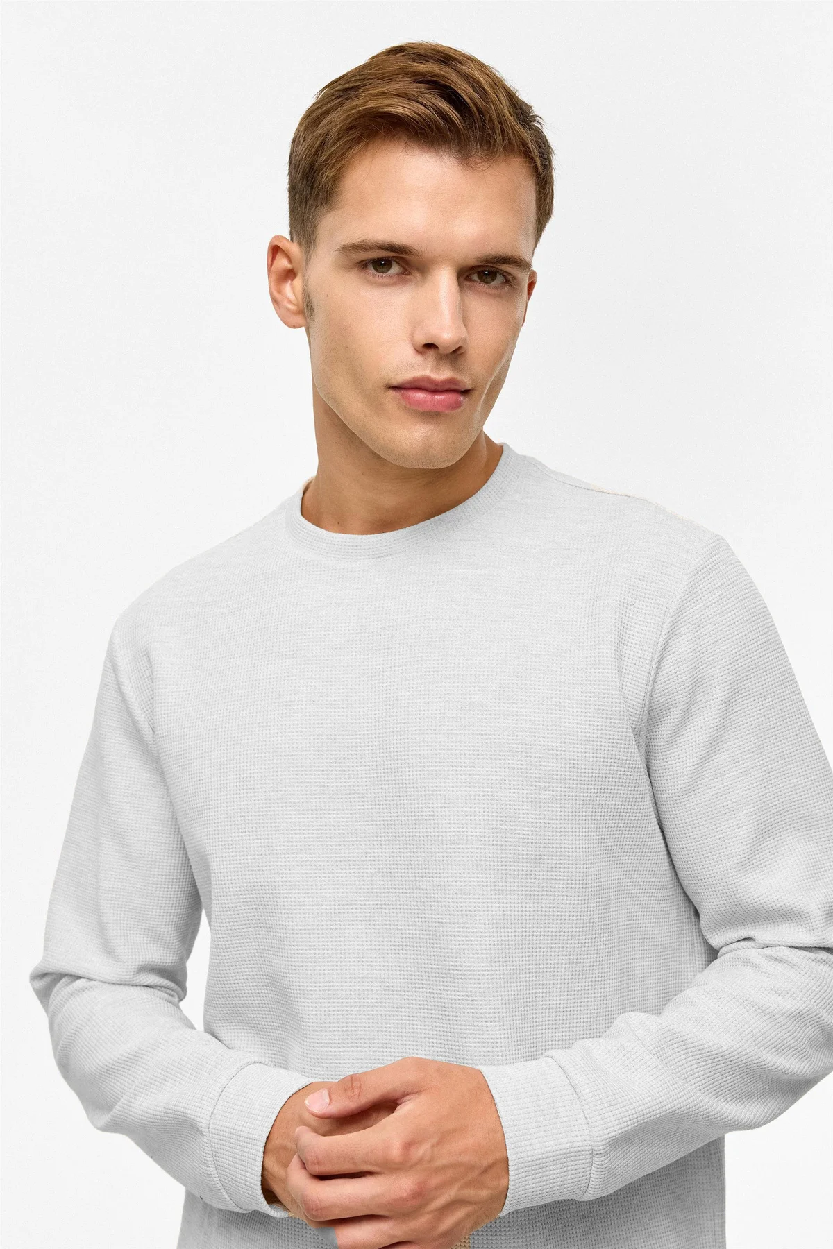 Bol Kesim O Yaka Melanj Desenli Waffle Taş Rengi Sweatshirt Bol Kesim O Yaka Melanj Desenli Waffle Taş Rengi Sweatshirt