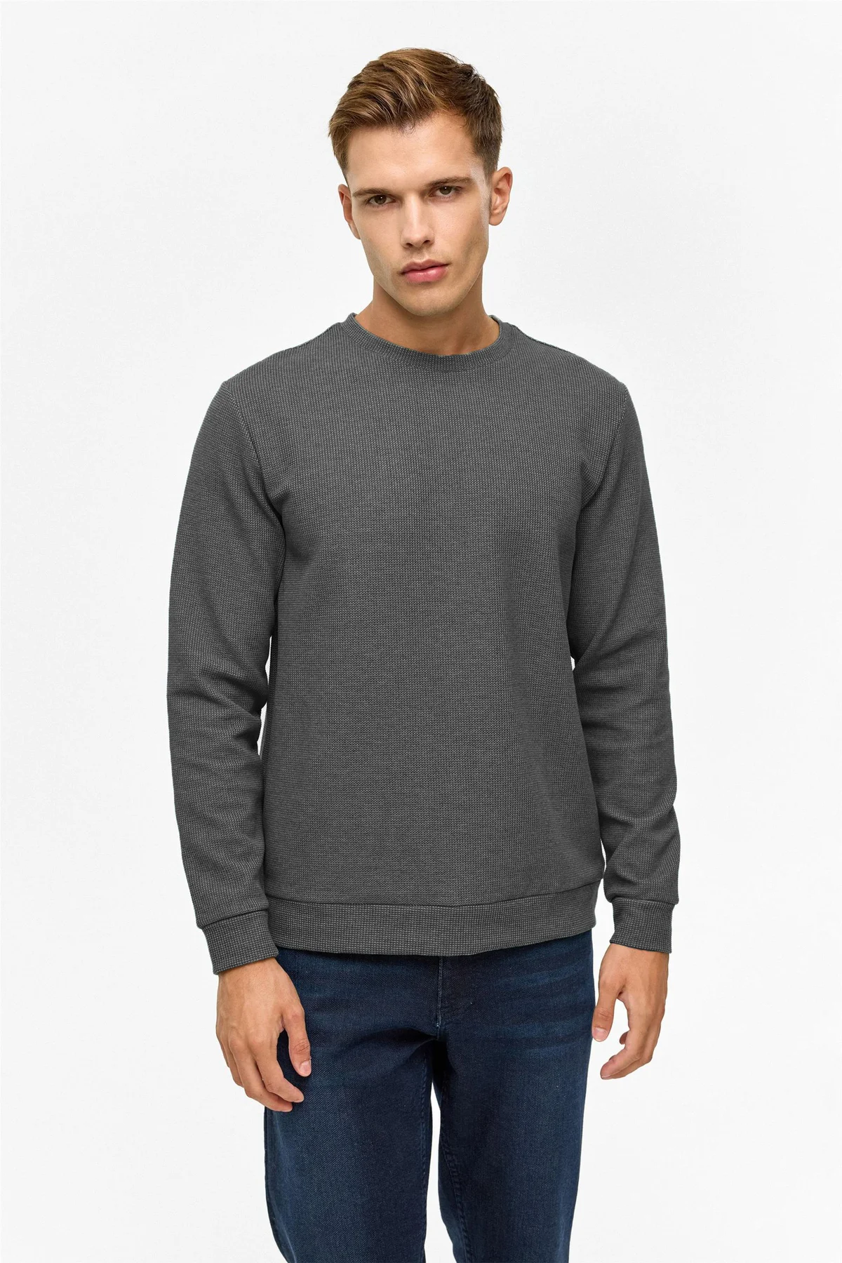 Bol Kesim O Yaka Melanj Desenli Waffle Antrasit Sweatshirt Bol Kesim O Yaka Melanj Desenli Waffle Antrasit Sweatshirt