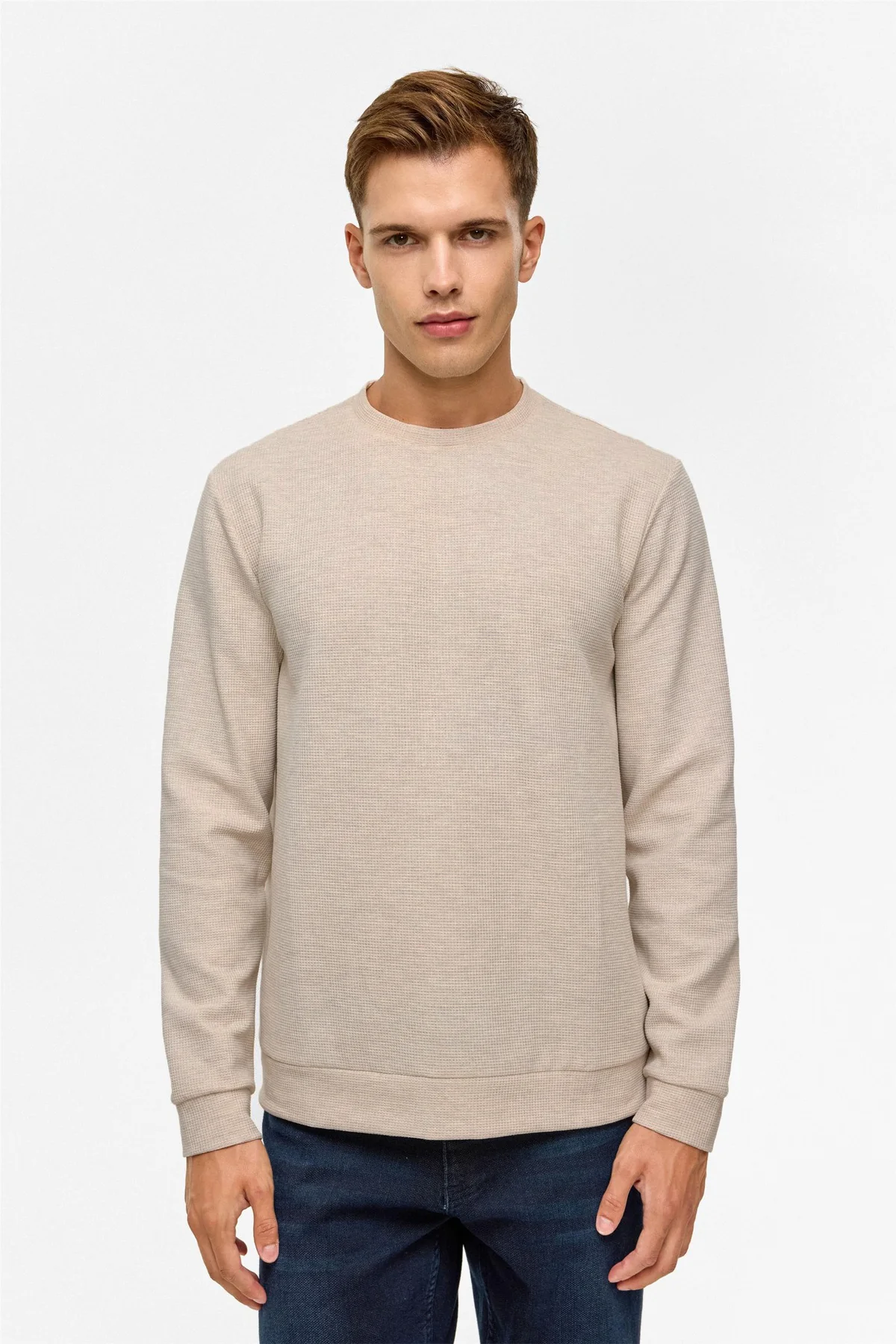 Bol Kesim O Yaka Melanj Desenli Waffle Kahve Sweatshirt Bol Kesim O Yaka Melanj Desenli Waffle Kahve Sweatshirt