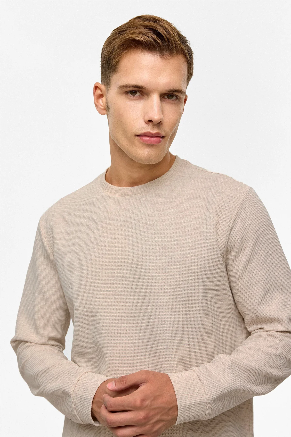 Bol Kesim O Yaka Melanj Desenli Waffle Kahve Sweatshirt Bol Kesim O Yaka Melanj Desenli Waffle Kahve Sweatshirt