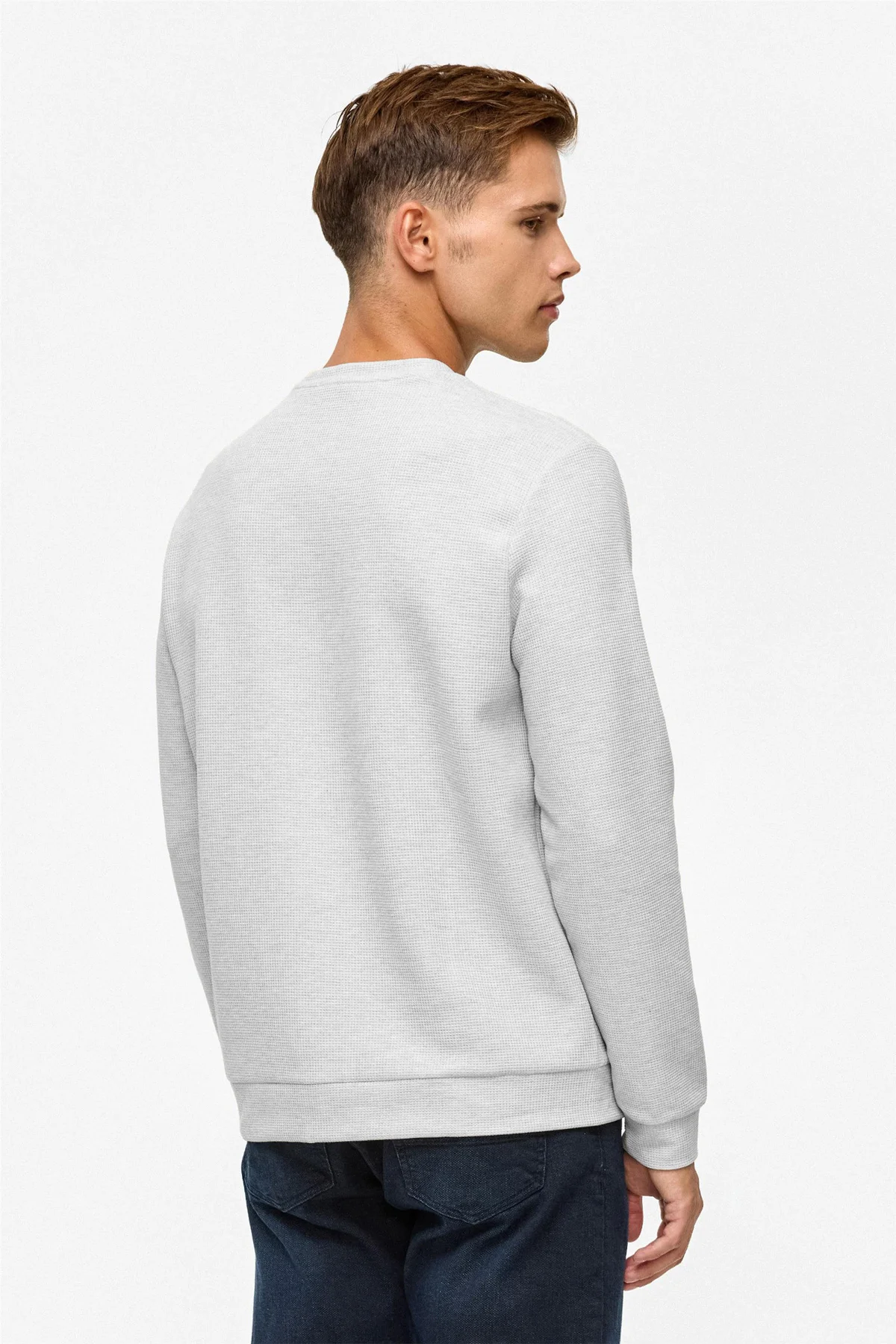 Bol Kesim O Yaka Melanj Desenli Waffle Taş Rengi Sweatshirt Bol Kesim O Yaka Melanj Desenli Waffle Taş Rengi Sweatshirt