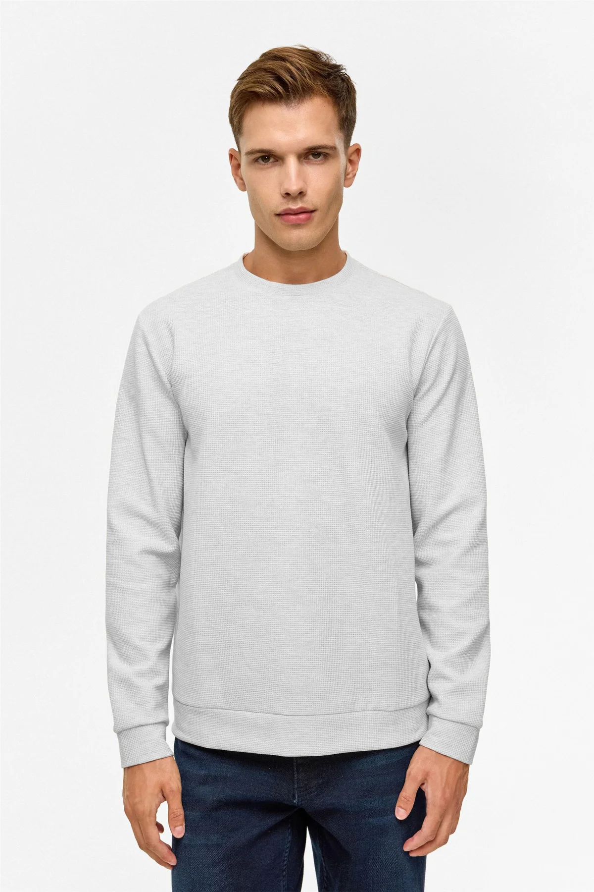 Bol Kesim O Yaka Melanj Desenli Waffle Taş Rengi Sweatshirt Bol Kesim O Yaka Melanj Desenli Waffle Taş Rengi Sweatshirt