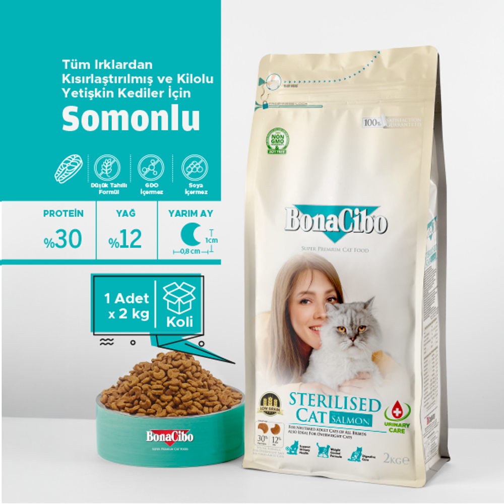 BonaCibo Adult Cat Light Sterilised Somonlu Kısır Kedi Maması 2 k