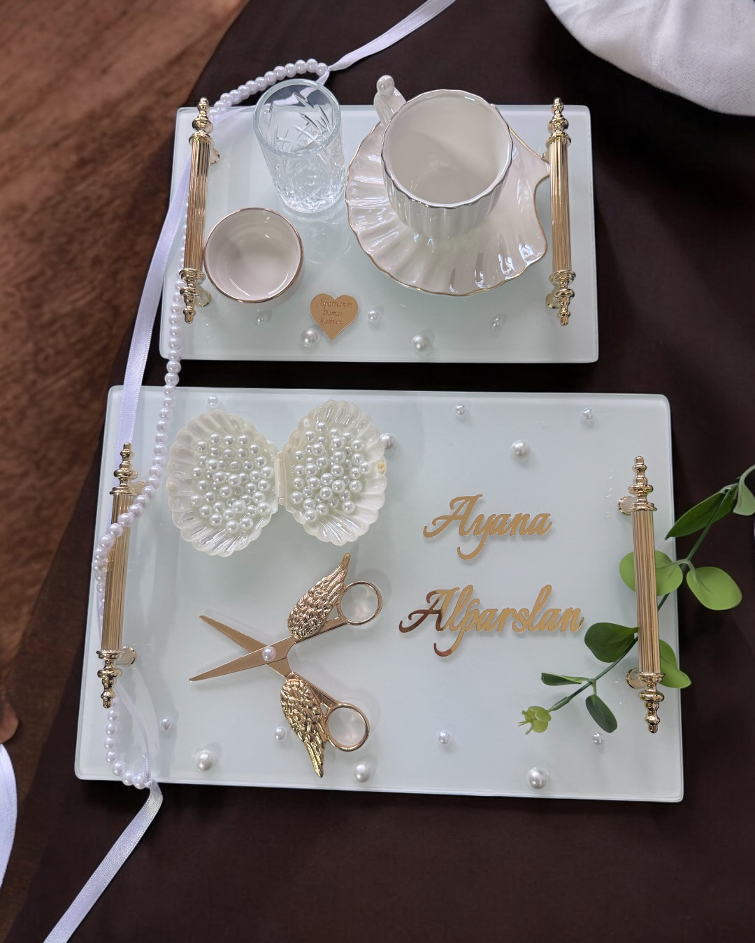 Cyzhome Bonding Gold Beyaz İncili Söz Tepsisi Nişan Tepsisi Ve Damat Kahv