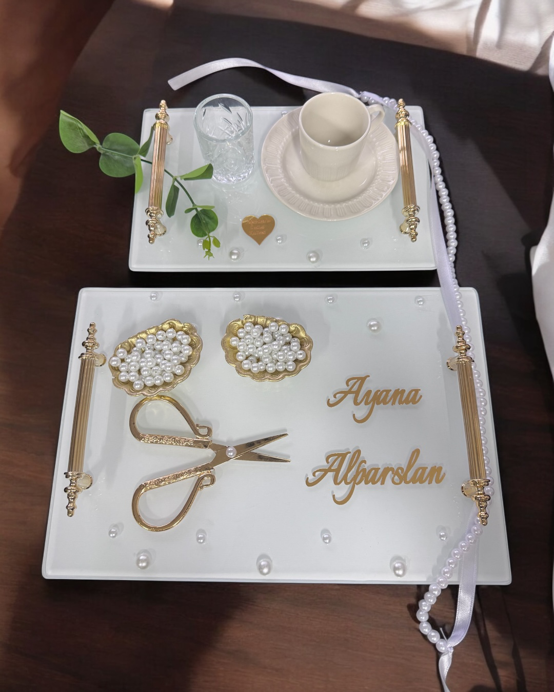Cyzhome Bonding Gold Beyaz İncili Söz Tepsisi Nişan Tepsisi Ve Damat Kahv