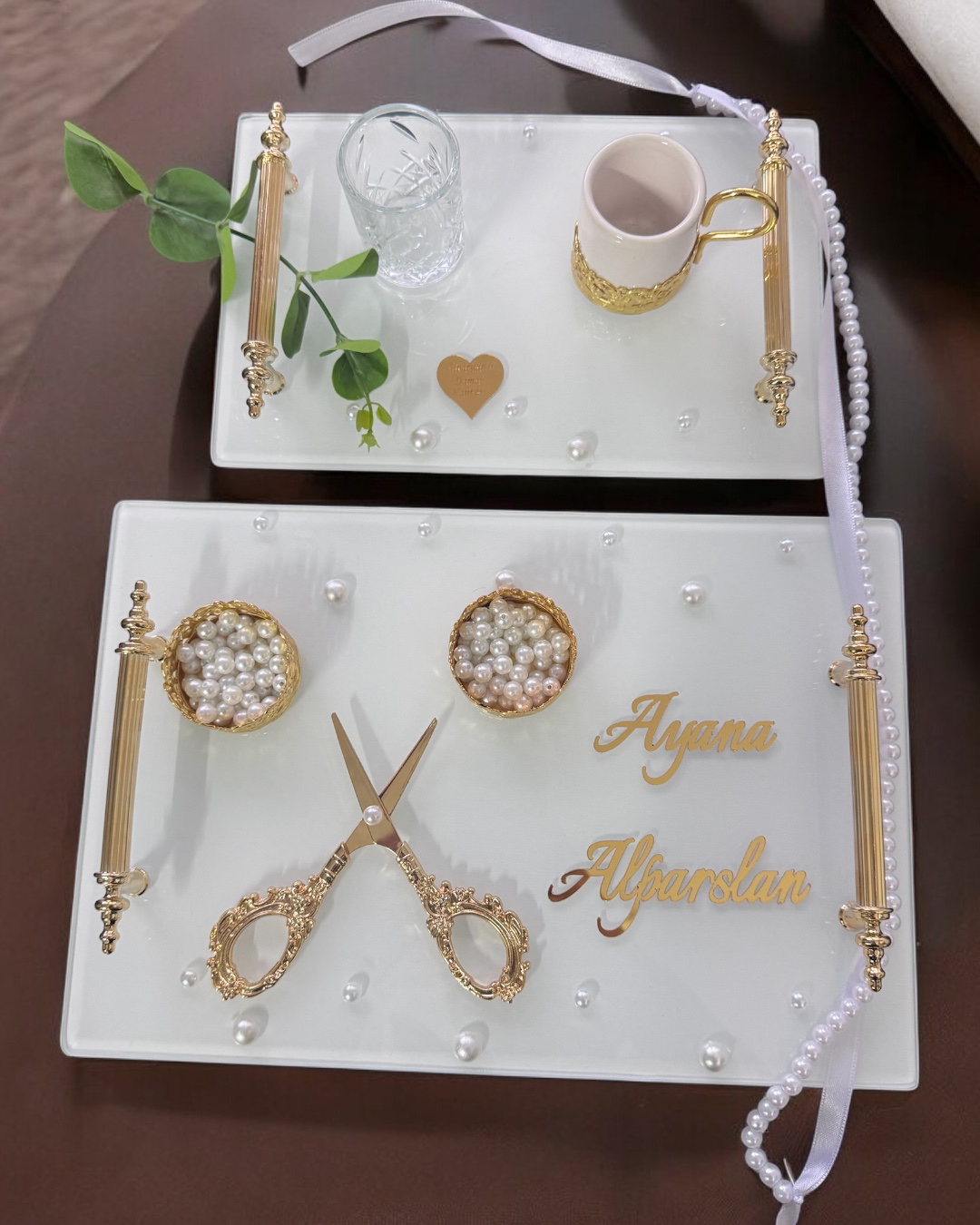 Cyzhome Bonding Gold Beyaz İncili Söz Tepsisi Nişan Tepsisi Ve Damat Kahv