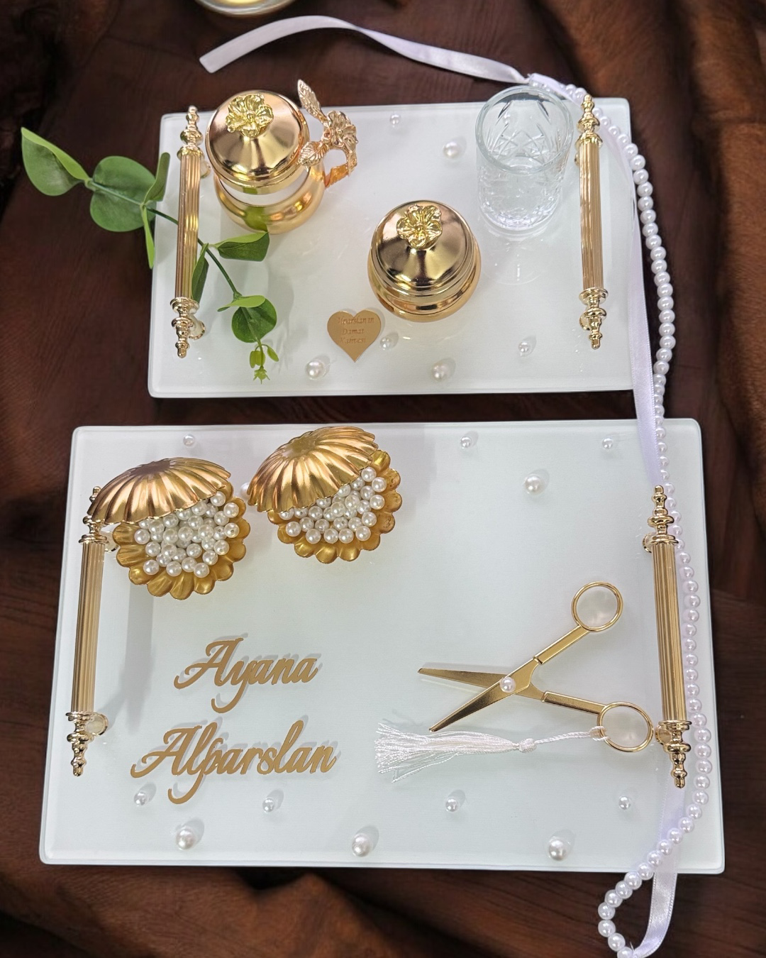 Cyzhome Bonding Gold Beyaz İncili Söz Tepsisi Nişan Tepsisi Ve Damat Kahv
