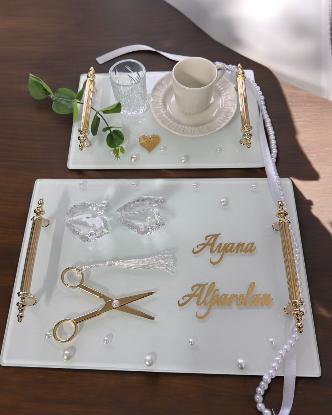 Cyzhome Bonding Gold Beyaz İncili Söz Tepsisi Nişan Tepsisi Ve Damat Kahv