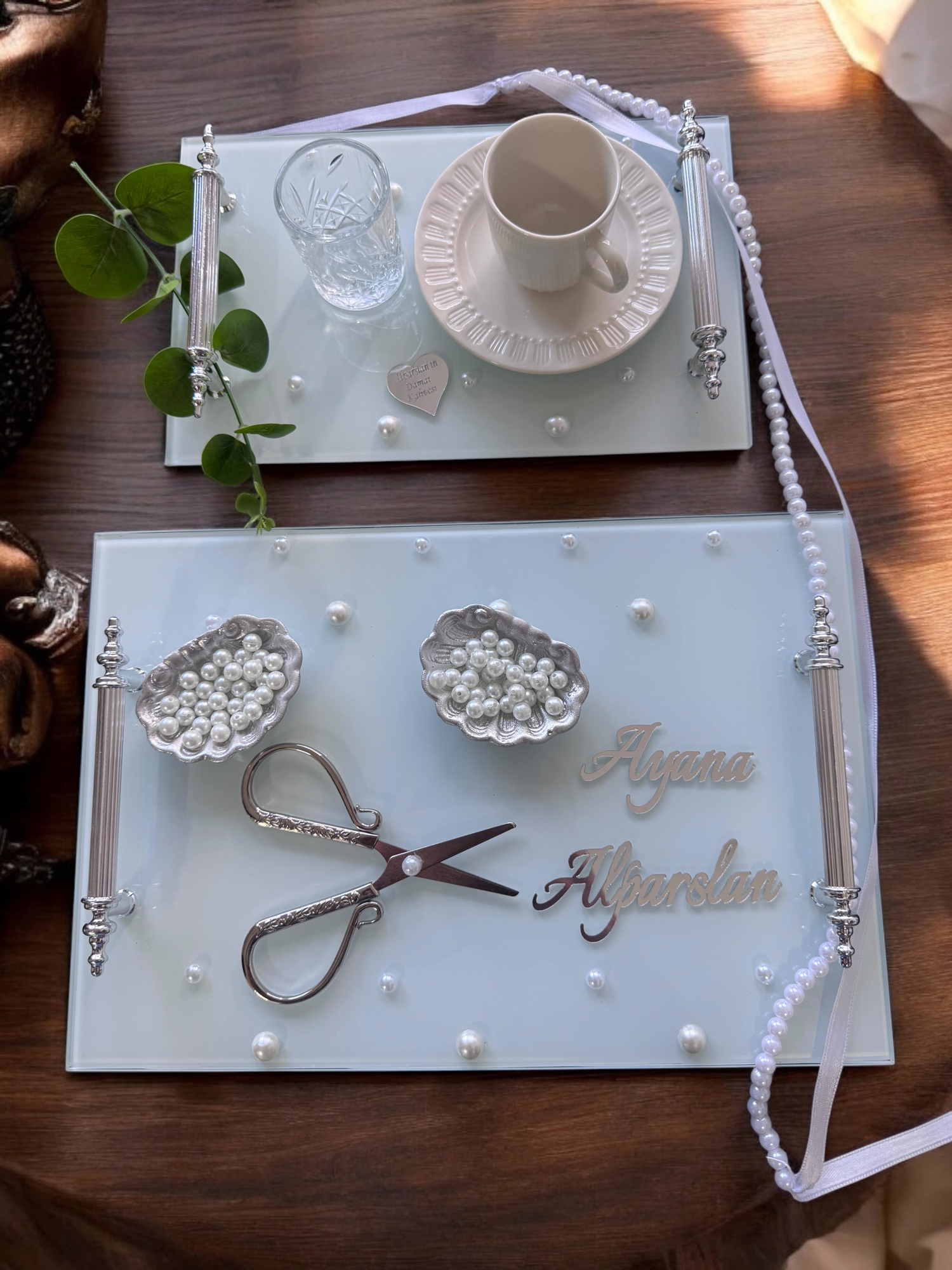 Cyzhome Bonding Gümüş Beyaz İncili Söz Tepsisi Nişan Tepsisi Ve Damat Kah