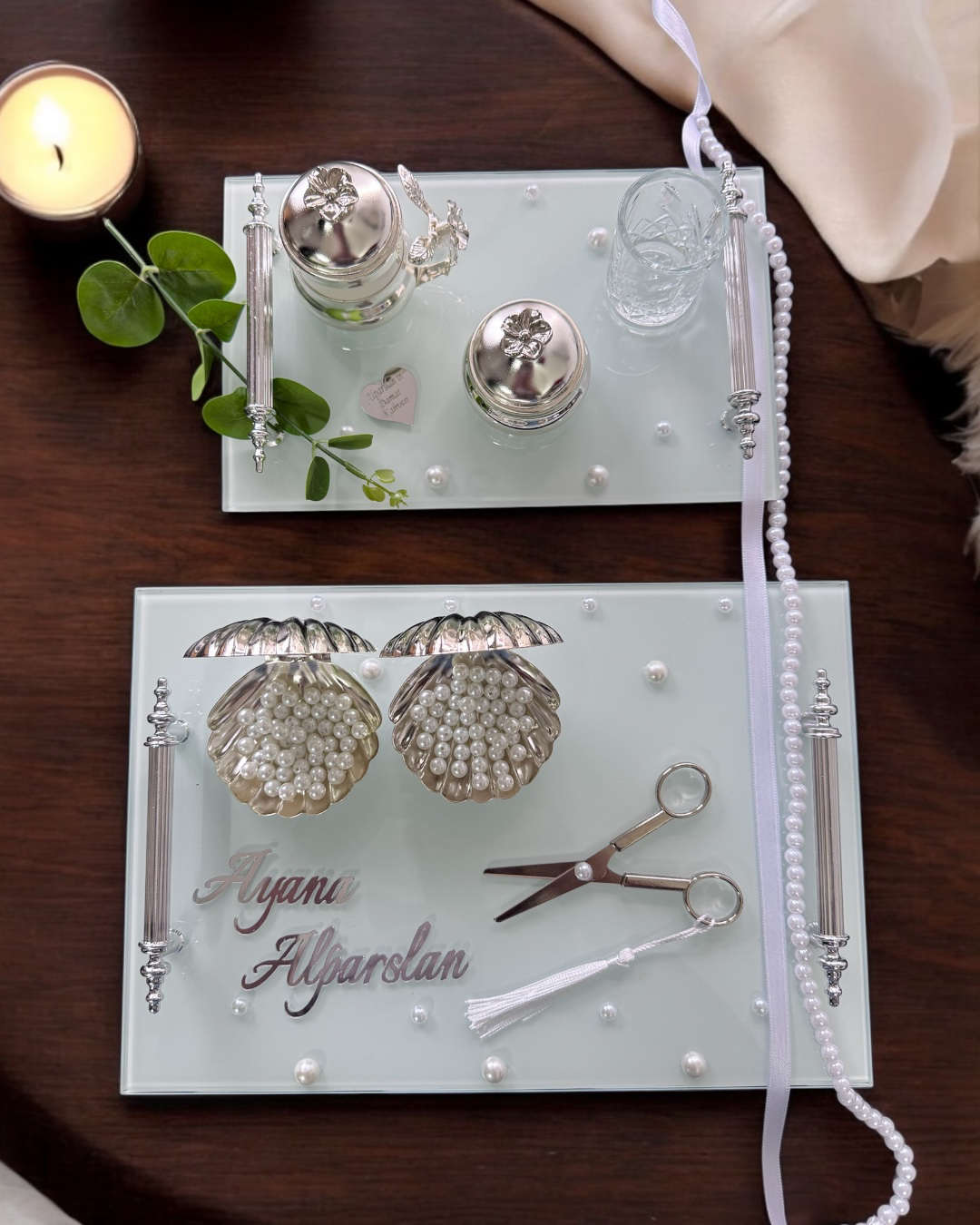 Cyzhome Bonding Gümüş Beyaz İncili Söz Tepsisi Nişan Tepsisi Ve Damat Kah