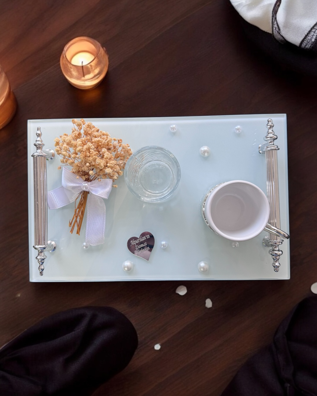 Cyzhome Bonding Gümüş Beyaz İncili Söz Tepsisi Nişan Tepsisi Ve Damat Kah