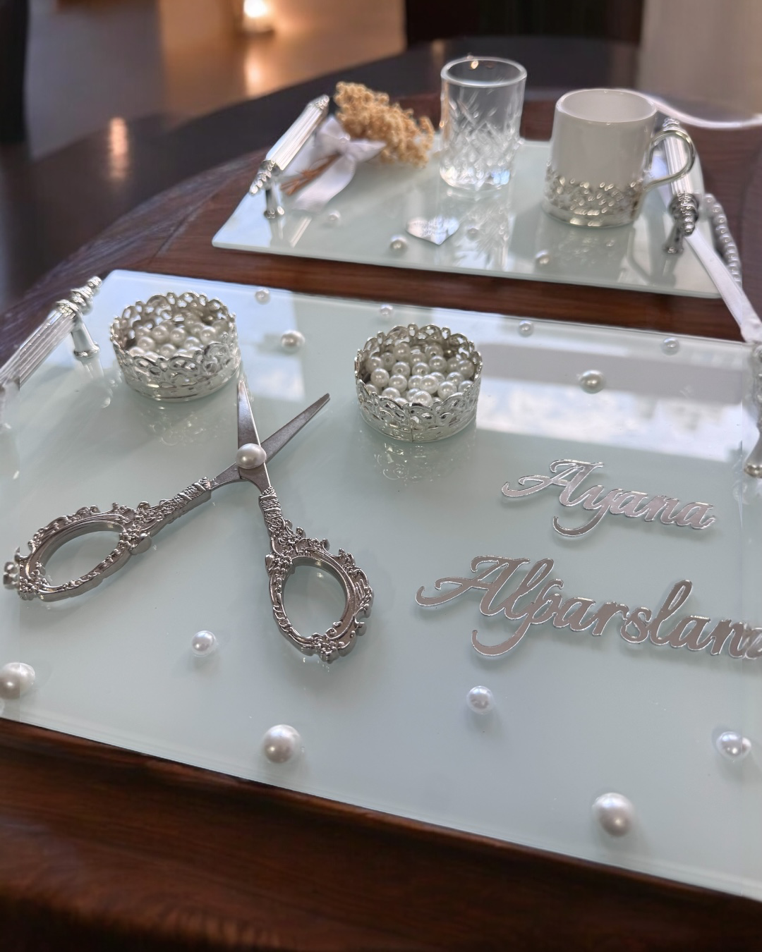 Cyzhome Bonding Gümüş Beyaz İncili Söz Tepsisi Nişan Tepsisi Ve Damat Kah