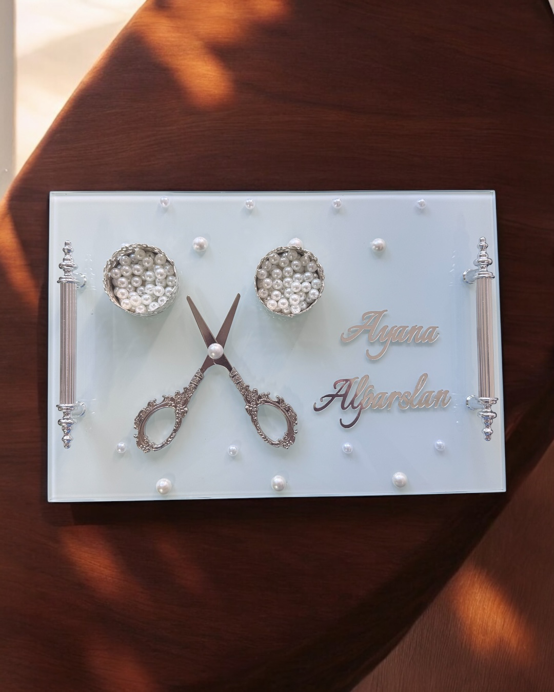 Cyzhome Bonding Gümüş Beyaz İncili Söz Tepsisi Nişan Tepsisi Ve Damat Kah