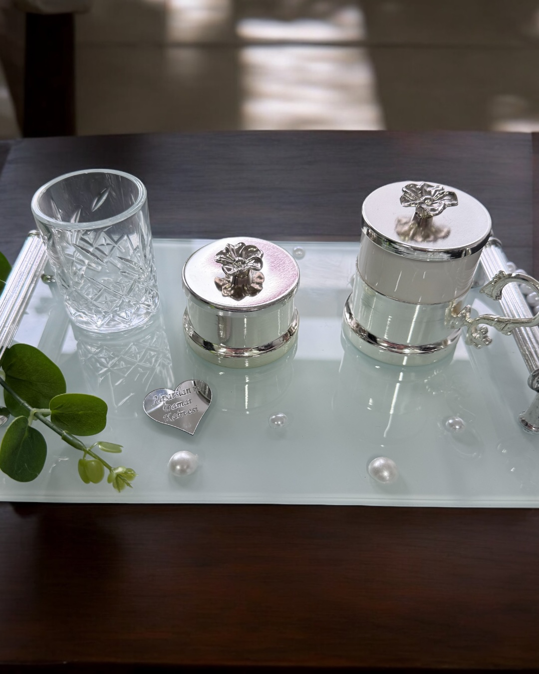 Cyzhome Bonding Gümüş Beyaz İncili Söz Tepsisi Nişan Tepsisi Ve Damat Kah